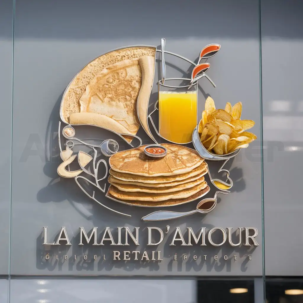 a logo design,with the text "La Main d'AMOUR", main symbol:crepe, jus, pancakes, chips, etc.,complex,be used in Retail industry,clear background