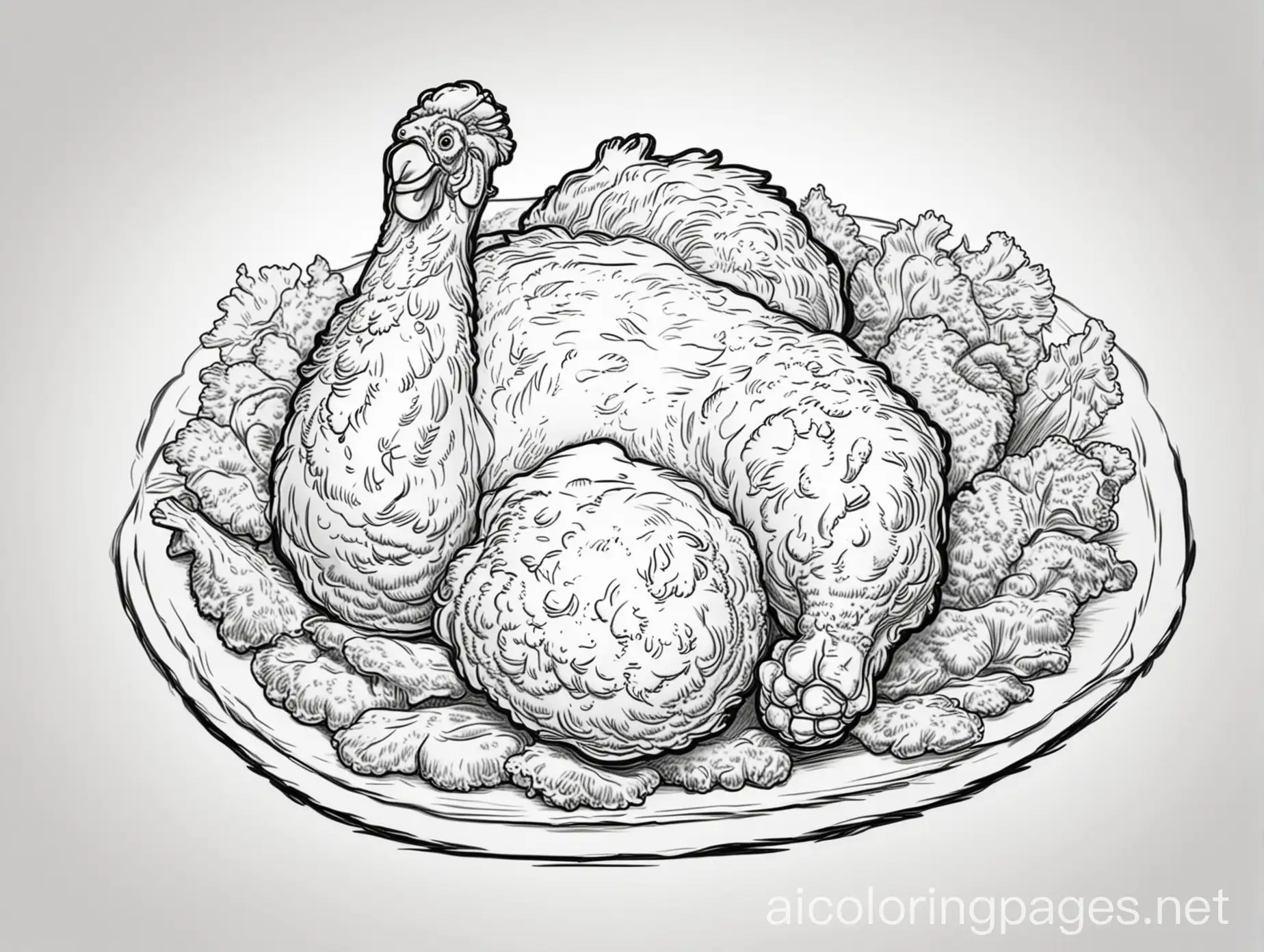 Fried chicken, Coloring Page, black and white, line art, white background, Simplicity, Ample White Space. The background of the coloring page is plain white to make it easy for young children to color within the lines. The outlines of all the subjects are easy to distinguish, making it simple for kids to color without too much difficulty