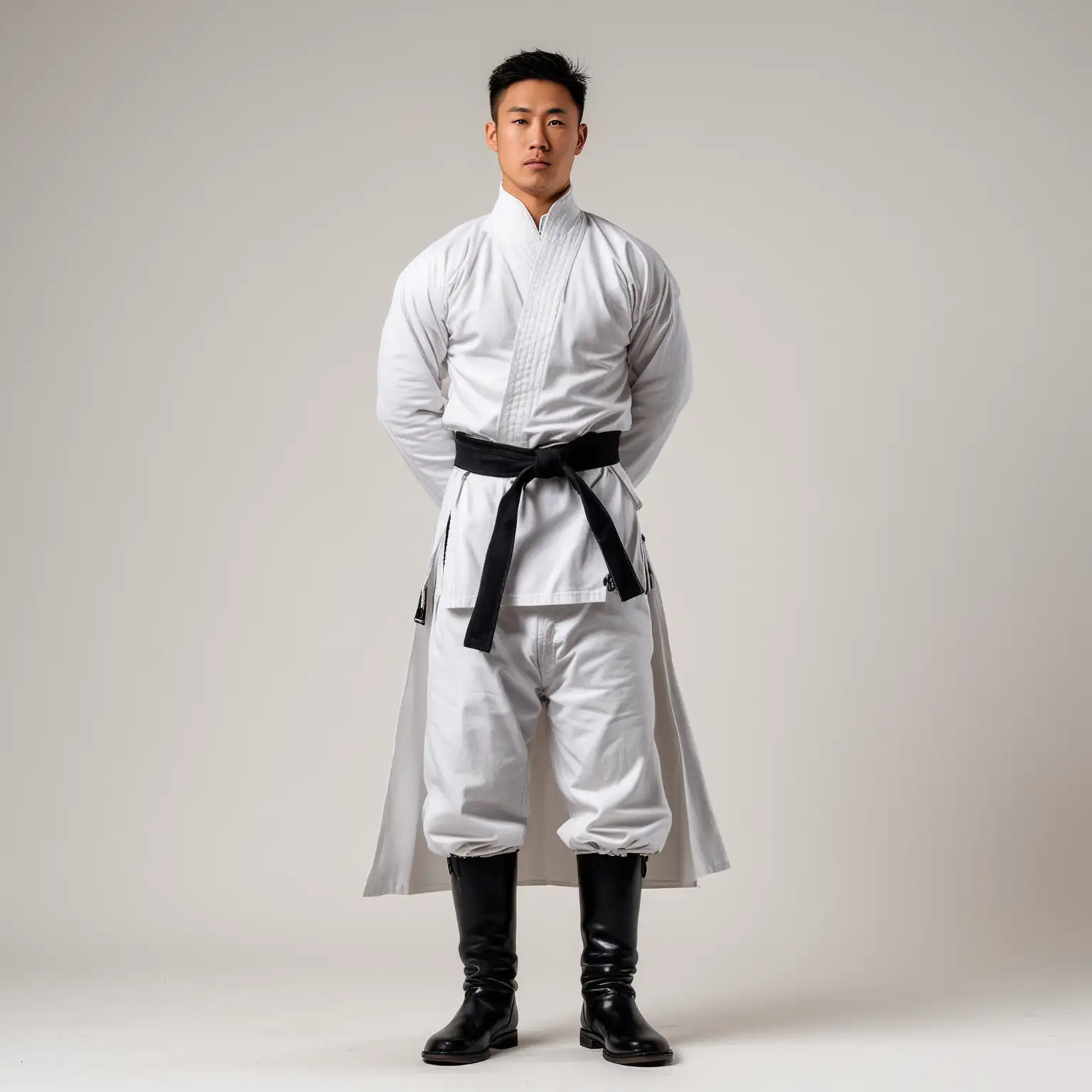 Standing front view, strong buff heroic Japanese man wearing white turtleneck karate gi with black fur accents, white cape, black boots, white background