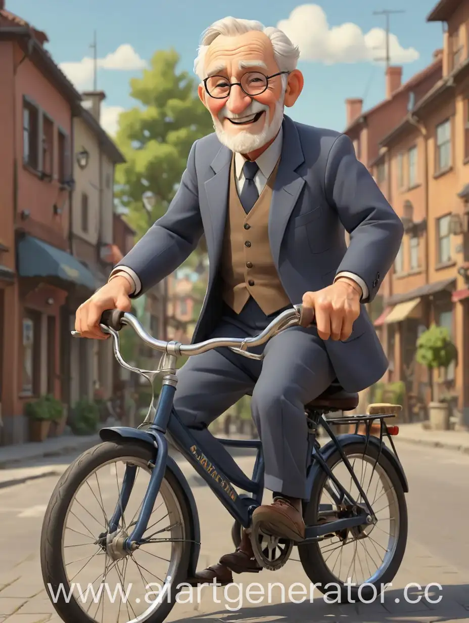 мультяшный солидный добрый милый дедушка в официальном костюме на велосипеде улыбается в полный рост