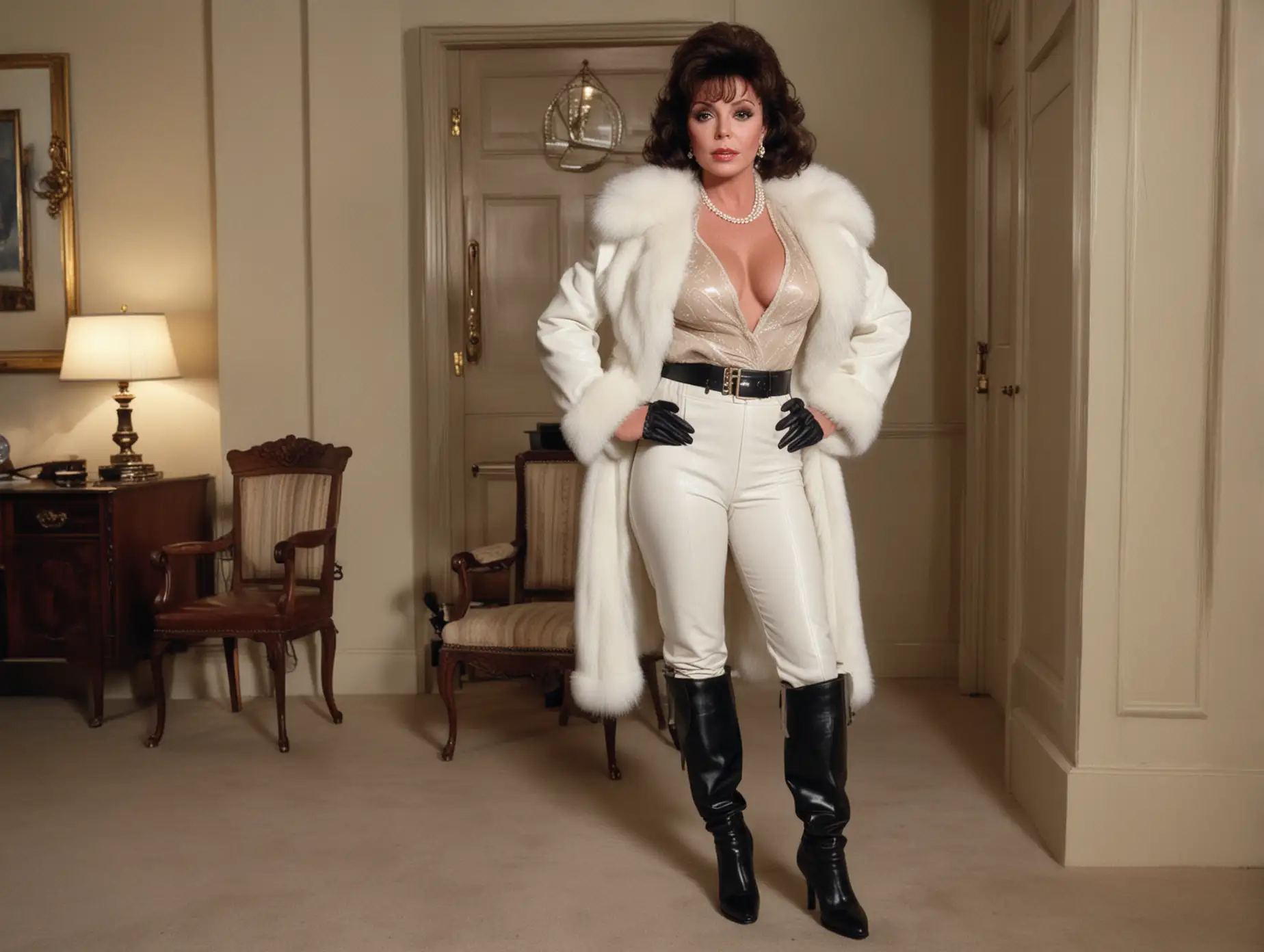 a full LENGTH view of a very busty, very stern looking 1980S JOAN COLLINS WITH BIG hair as ALEXIS FROM DYNASTY wearing a WHITE FUR COAT ,WHITE leather pants black leather gloves, black leather boots,, sTANDING ON THE FLOOR in HER EXECUTIVE OFFICE