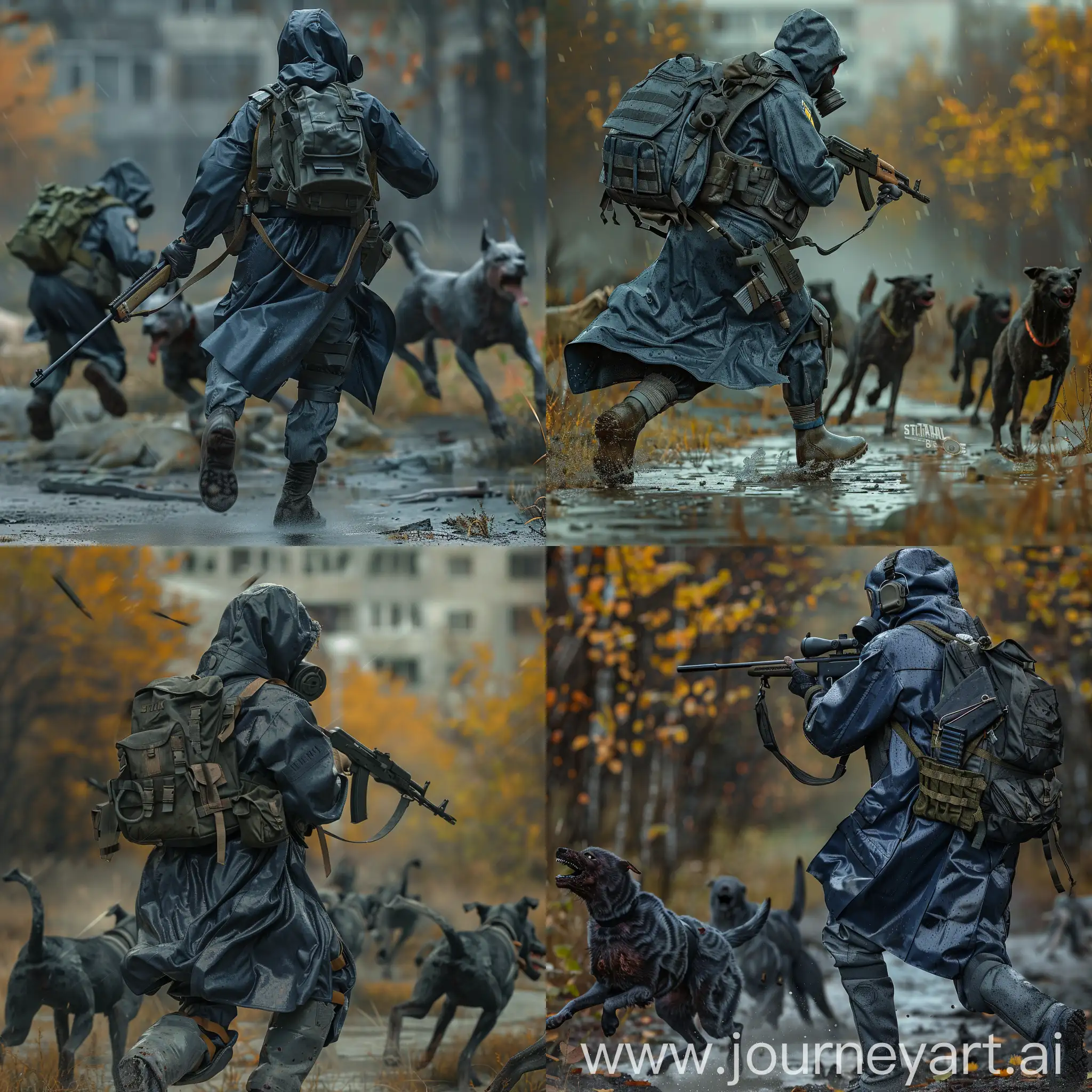 a mercenary from the universe of S.T.A.L.K.E.R., a mercenary dressed in a dark blue military raincoat, gray military armor on his body, a gas mask on his face, a small military backpack on his back, a sniper rifle in his hands, a mercenary running away from a pack of rabid, infected dogs, the Soviet abandoned city of Pripyat, gloomy autumn.