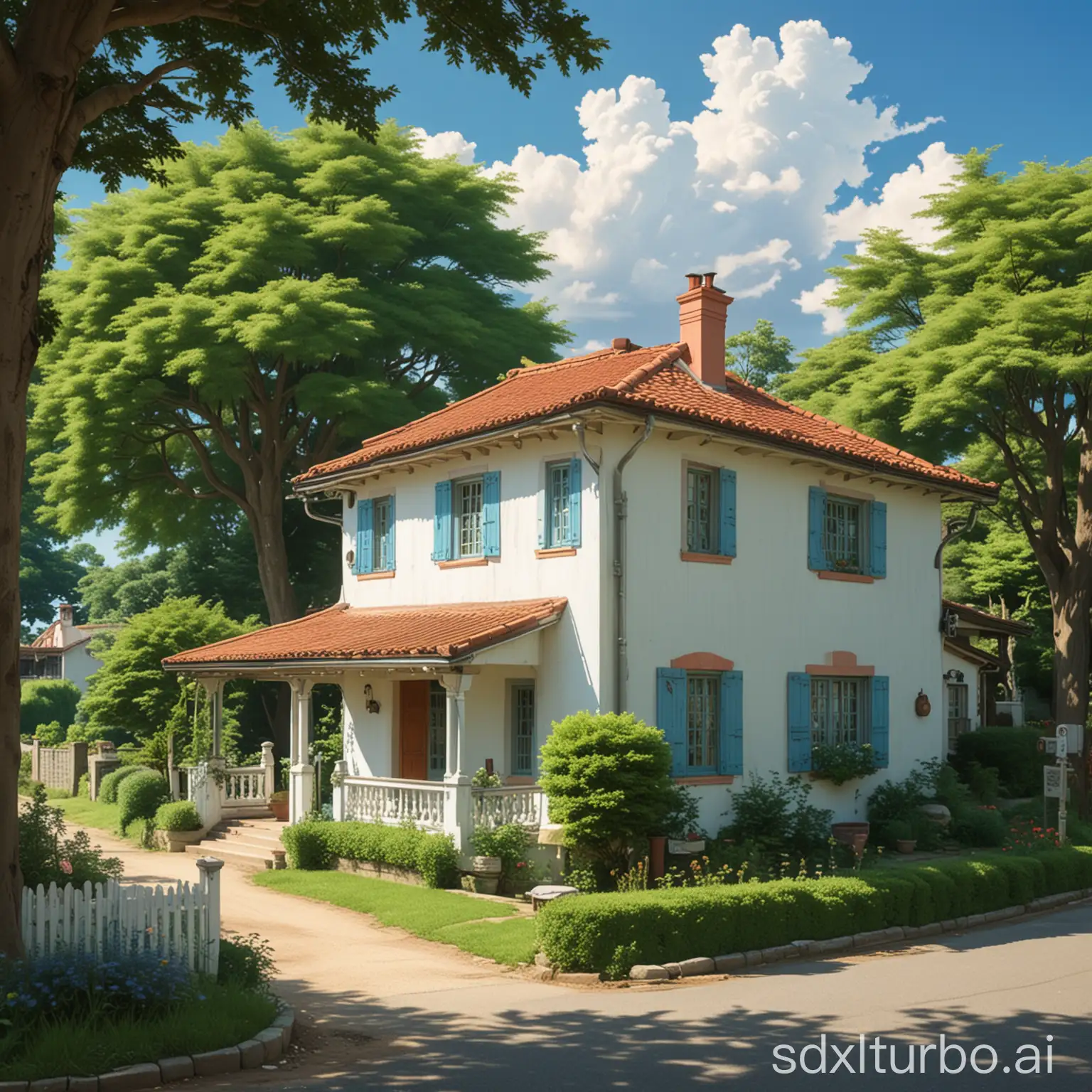 Studio Ghibli anime of  a tranquil rural setting. It features a charming two-story house with a white exterior and terracotta roof tiles. The house is adorned with green shutters on its multiple windows, some of which are open, and has a welcoming wooden door.  In the foreground, there's a classic mid-20th century car, painted blue with chrome detailing, parked on a dirt road or driveway leading to the house. The surrounding area is rich with greenery, including large trees that provide ample shade, one prominently on the left side of the frame. The lush foliage suggests it's either late spring or summer.  The scene is set against a clear blue sky with a few scattered clouds, indicating a bright and sunny day. Detailed,vivid