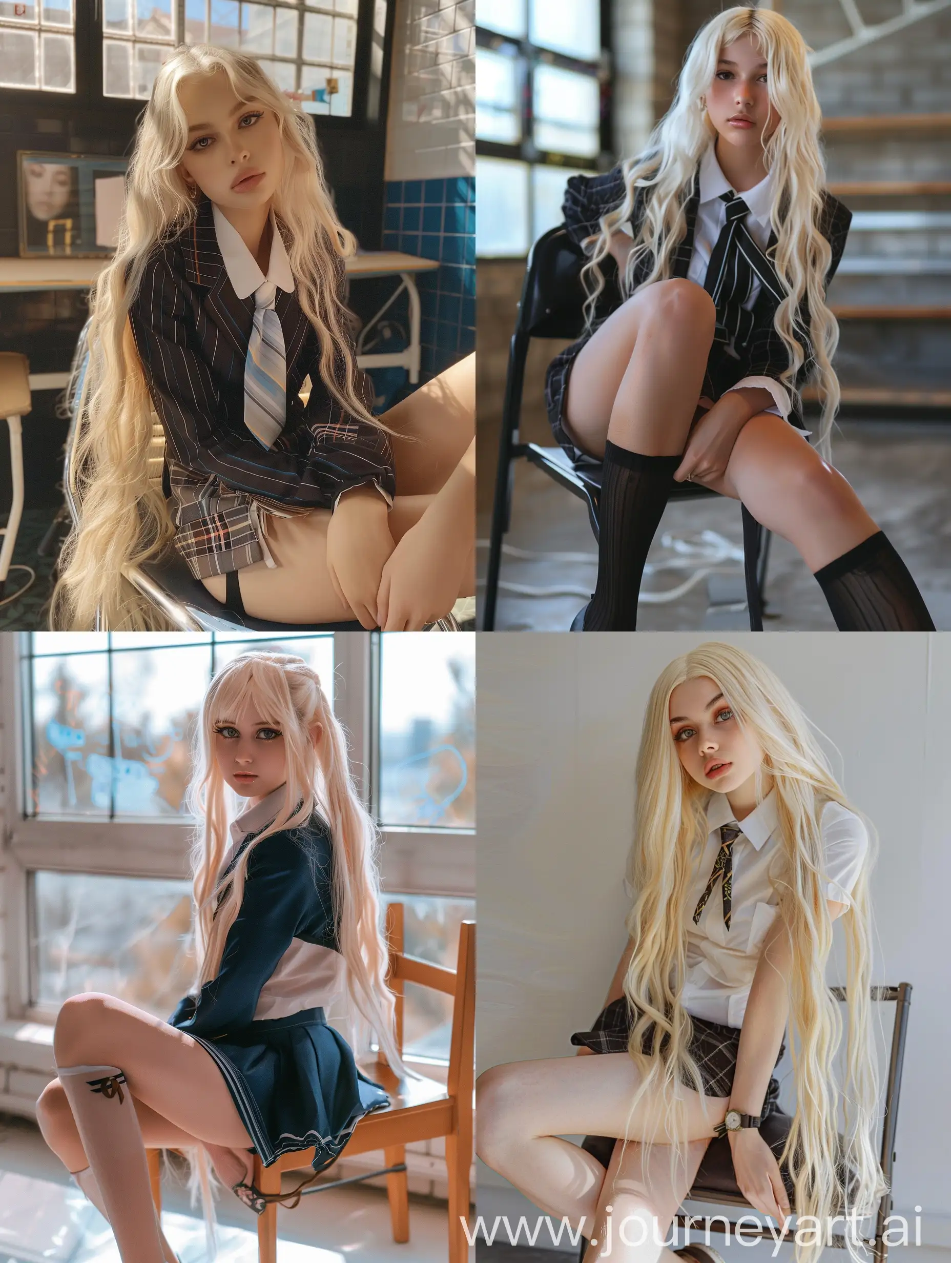 Blond-Influencer-Teen-in-School-Uniform-Sitting-on-Chair