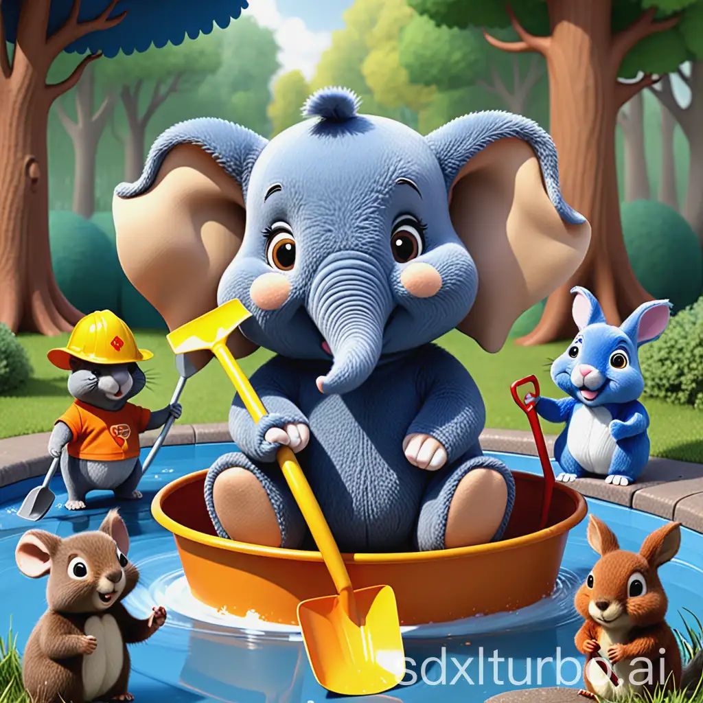 Rolo a children elephant who wants to rescue his friends the squirrel, a bllue rabbit, a beaver with bathing ring and a mole with a shovel.
