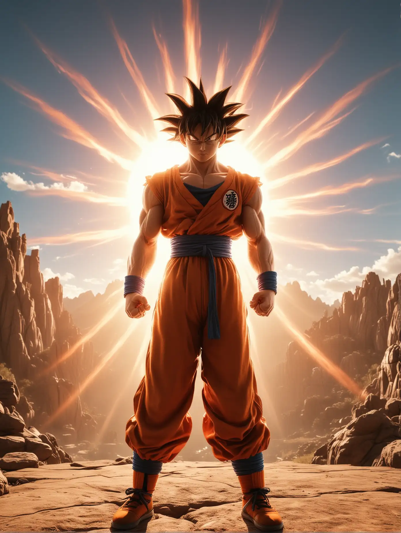 Goku Shooting Sun with Radiant Light Wide Angle Realistic Scene