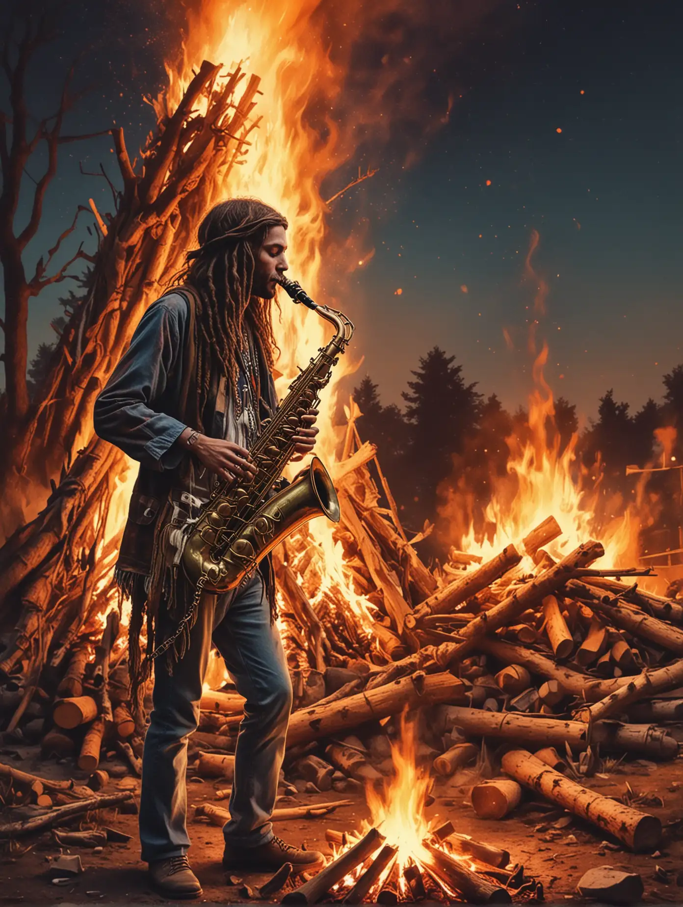 Hippy playing saxophone next to a large bonfire - done in an illustrated concert poster style