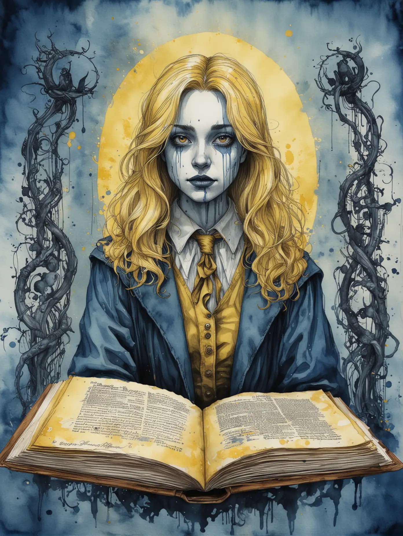 Digital illustration, dark arts, dark academia, pages, 300dpi, Graphic Art, in a yellow and blue watercolour and ink wash