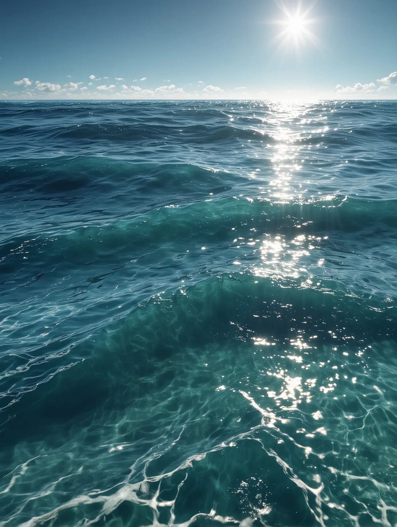 ultra realistic high definition, bright blue ocean water with a sunny blue sky in cinematic lighting 