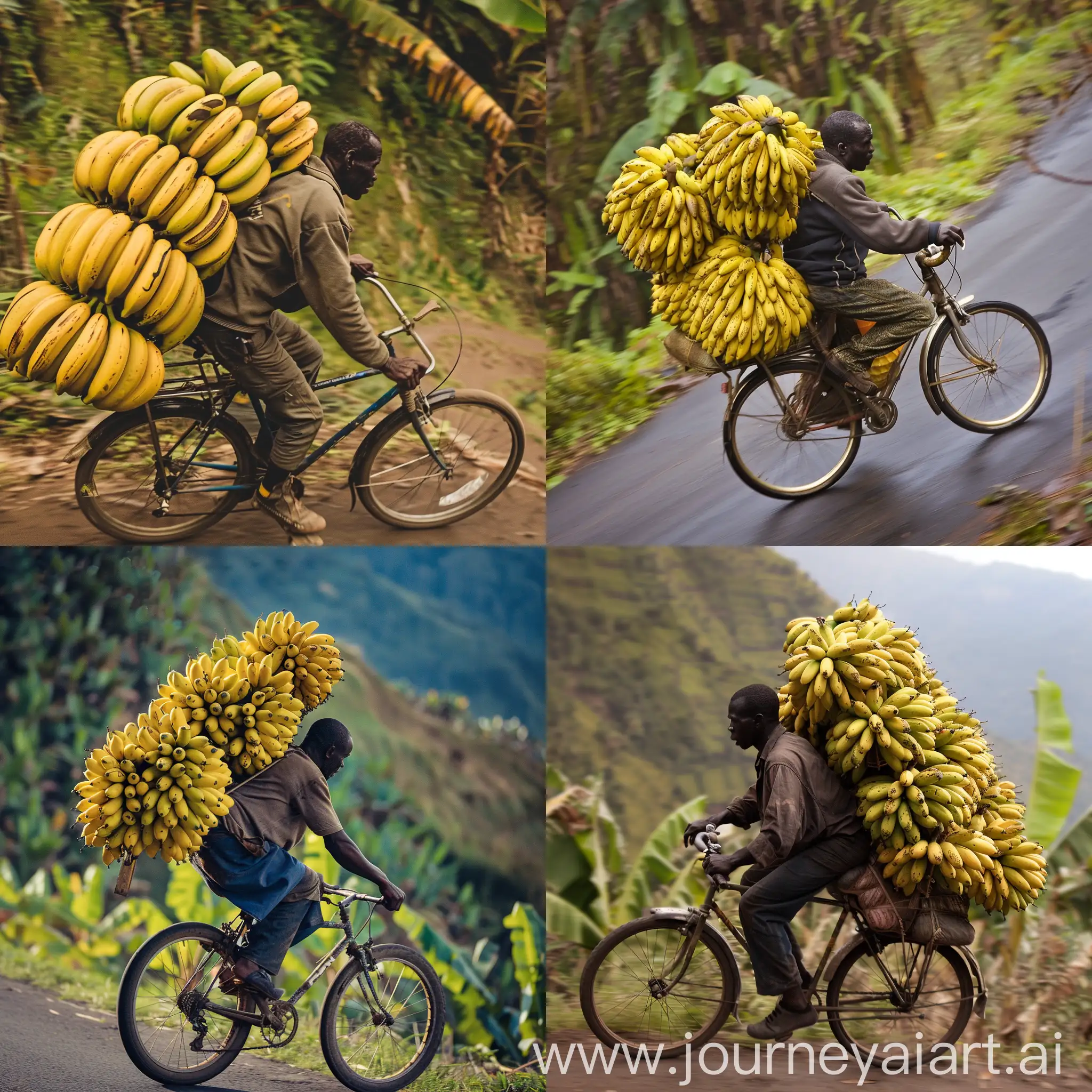  black man, riding a bicycle, loaded with 400 Jin bananas, sped along the downhill road.