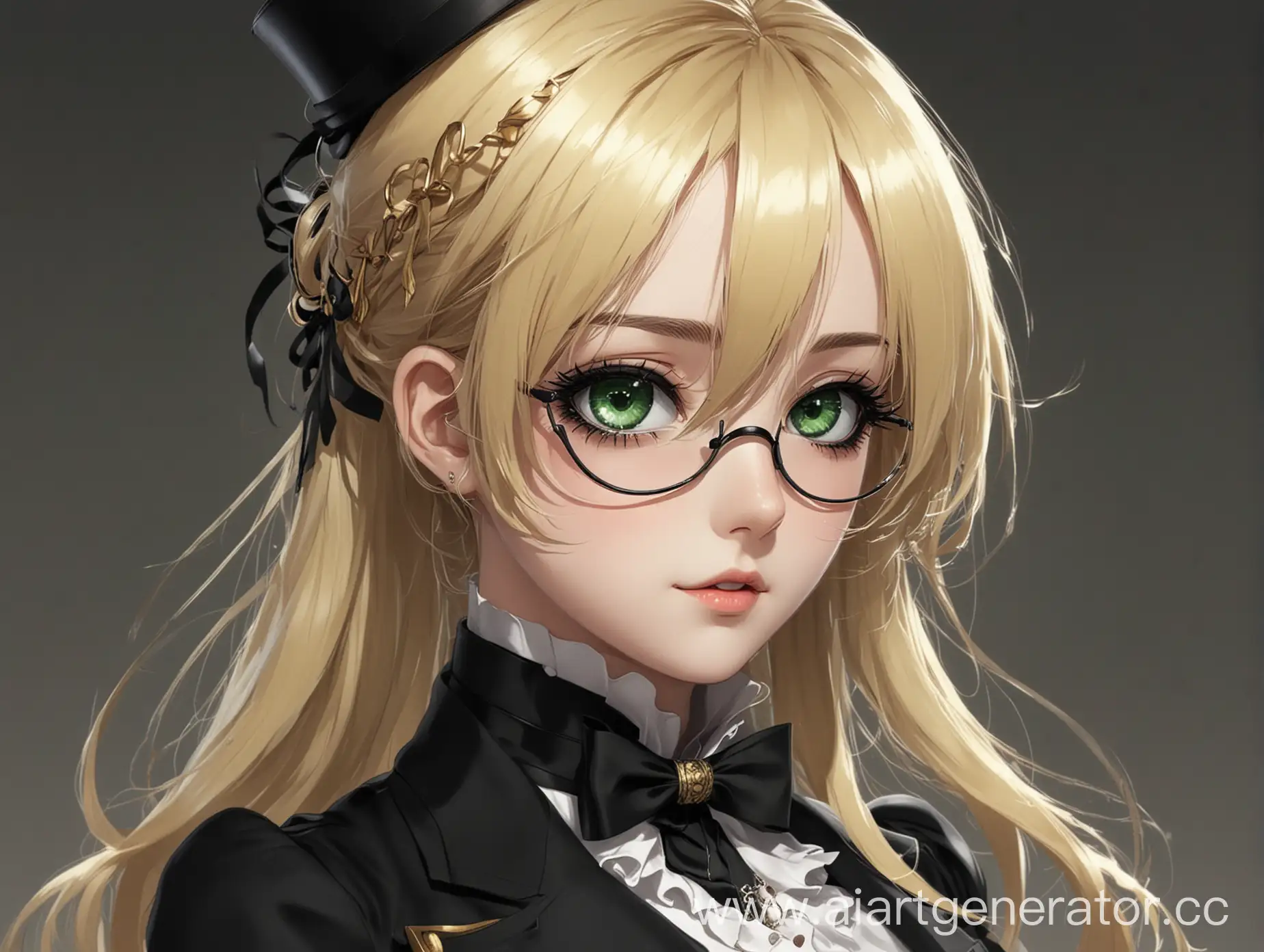 anime,blonde,aristocratic,black Gothic suit,green eyes,monocle 
