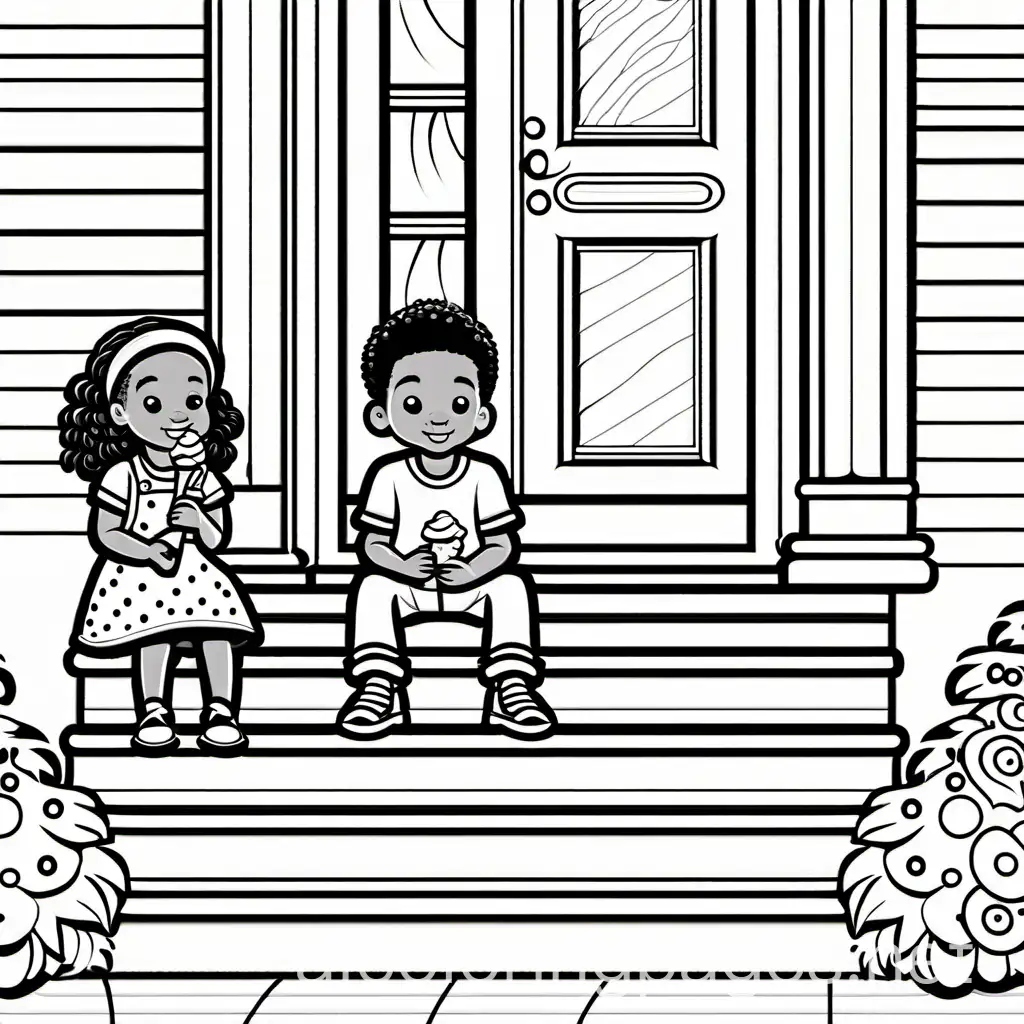 create a lined image with no shading or filled color of a little African American girl with naturally curly ponytails and and African American boy sitting on the steps of the front porch eating ice cream, Coloring Page, black and white, line art, white background, Simplicity, Ample White Space. The background of the coloring page is plain white to make it easy for young children to color within the lines. The outlines of all the subjects are easy to distinguish, making it simple for kids to color without too much difficulty