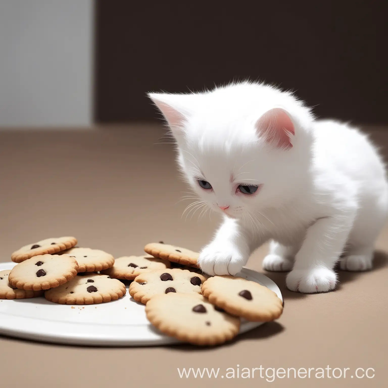 Белый Котик ест печенье
