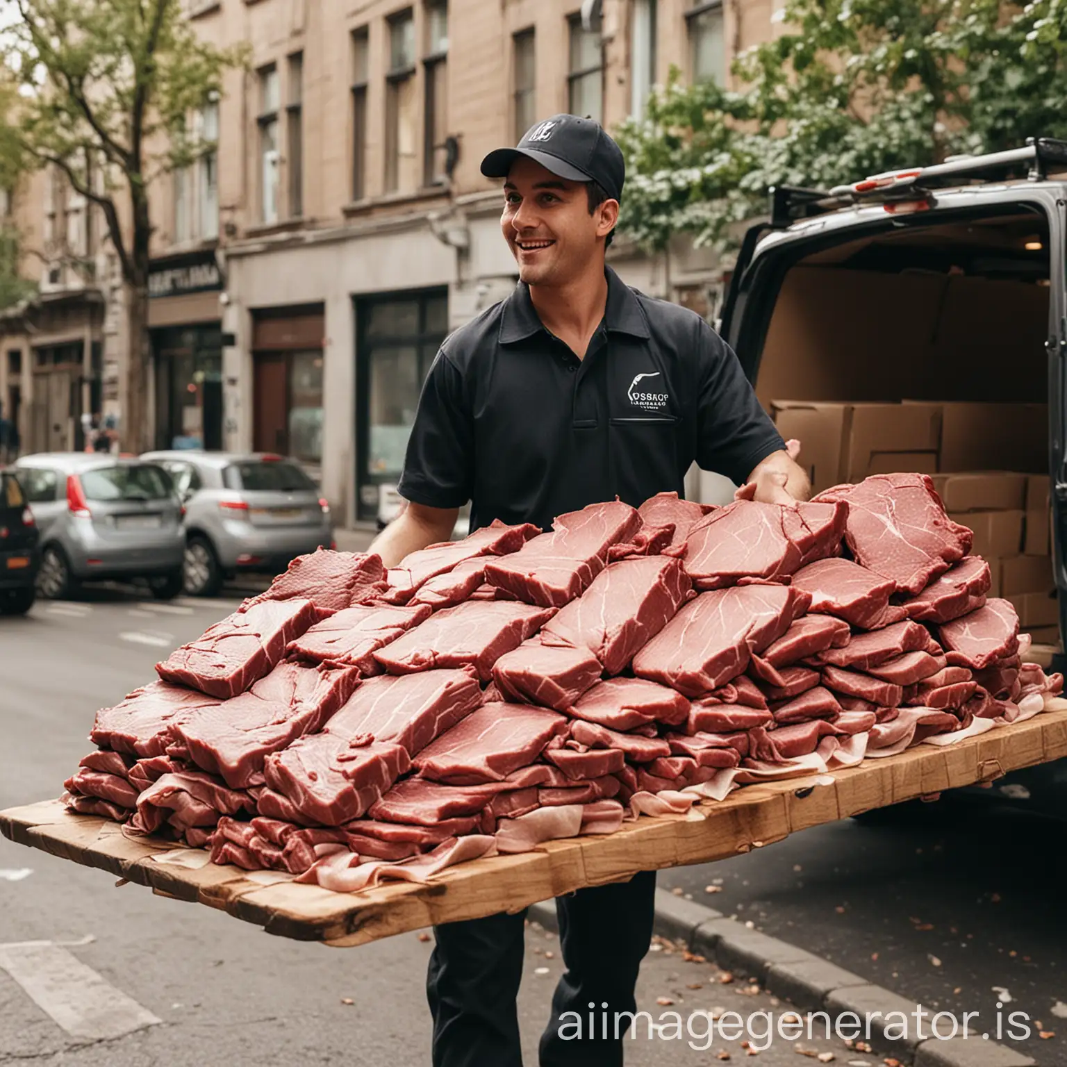 A DELIVERY MAN DELIVERING A BOARD OF MEAT