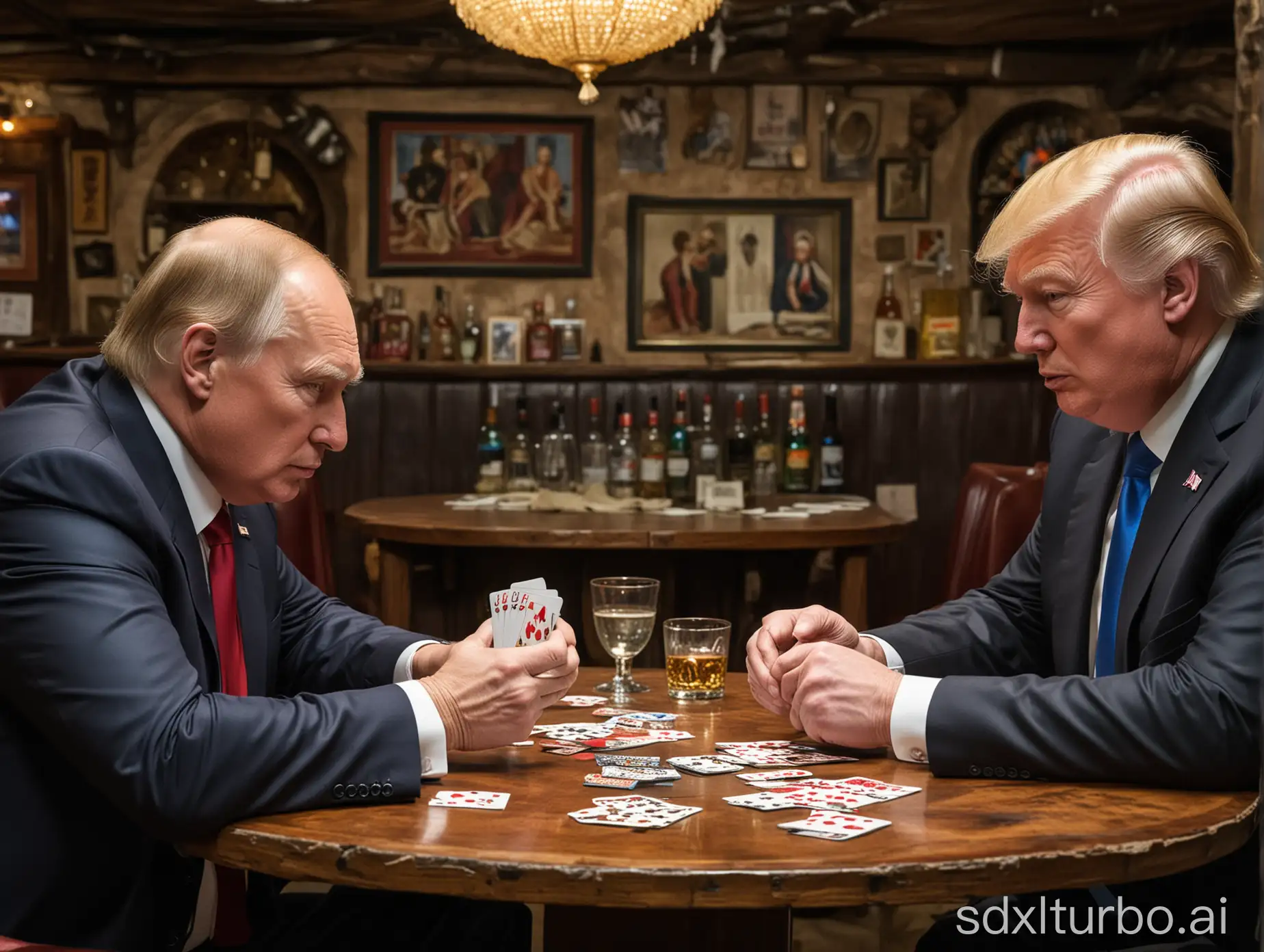 Donald Trump and Vladimir Putin are sitting at a table in a Mexican bar playing cards