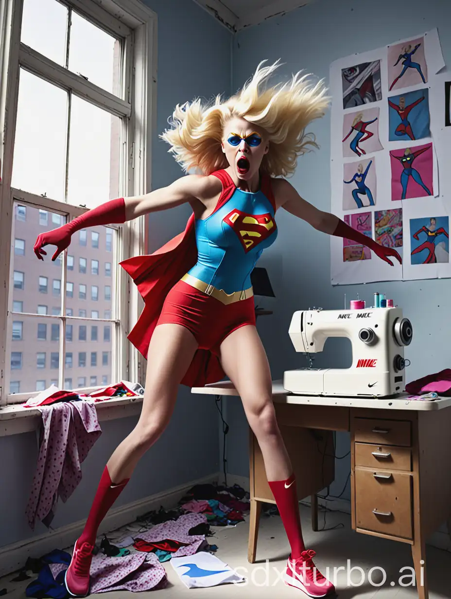 The insane blonde superhero seamstress jumps through the window with a Nike sewing machine