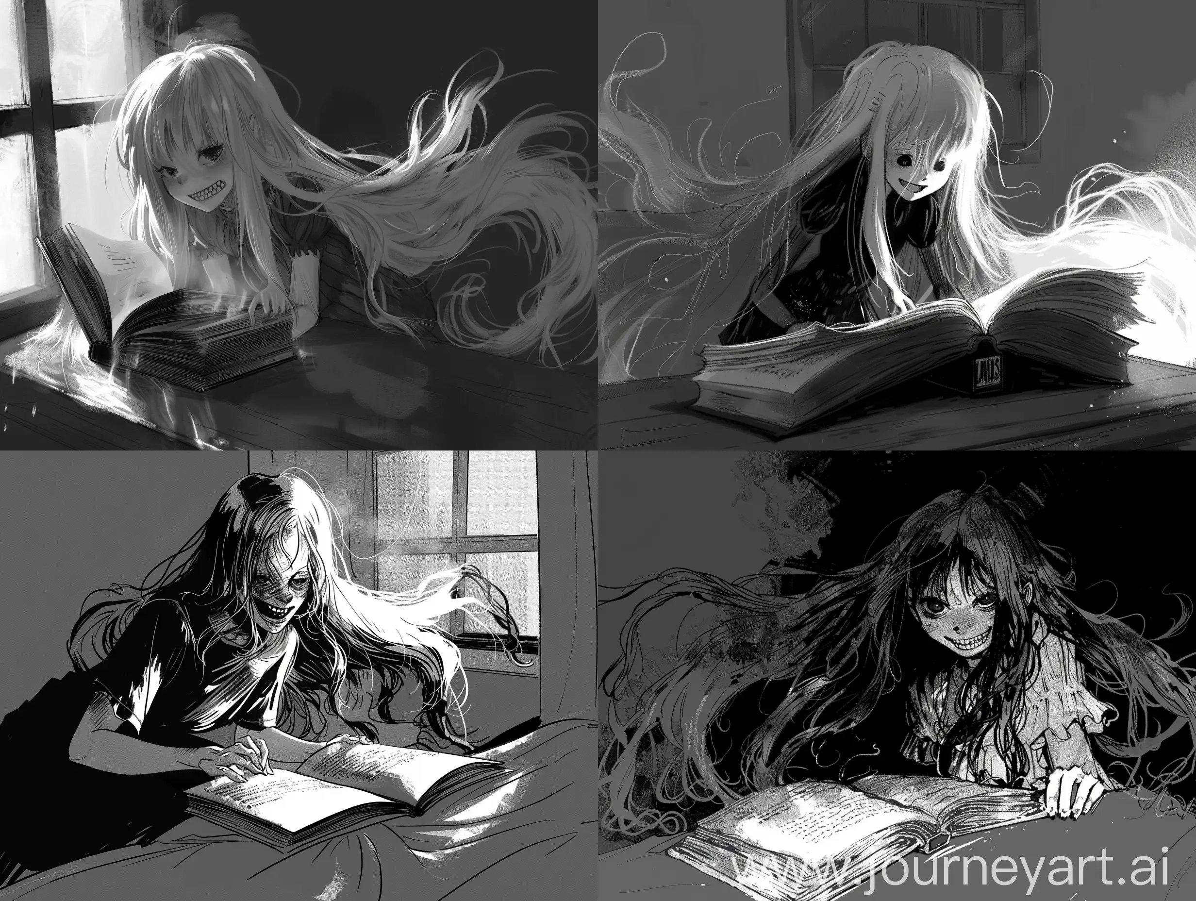 That's an indistinct creature, much like a wisp of mist, but clearly seen as a long-haired girl. She always appears in the student's room late at night, materializing behind them as they study. Leaning over to read the book, she reveals a terrifying smile.