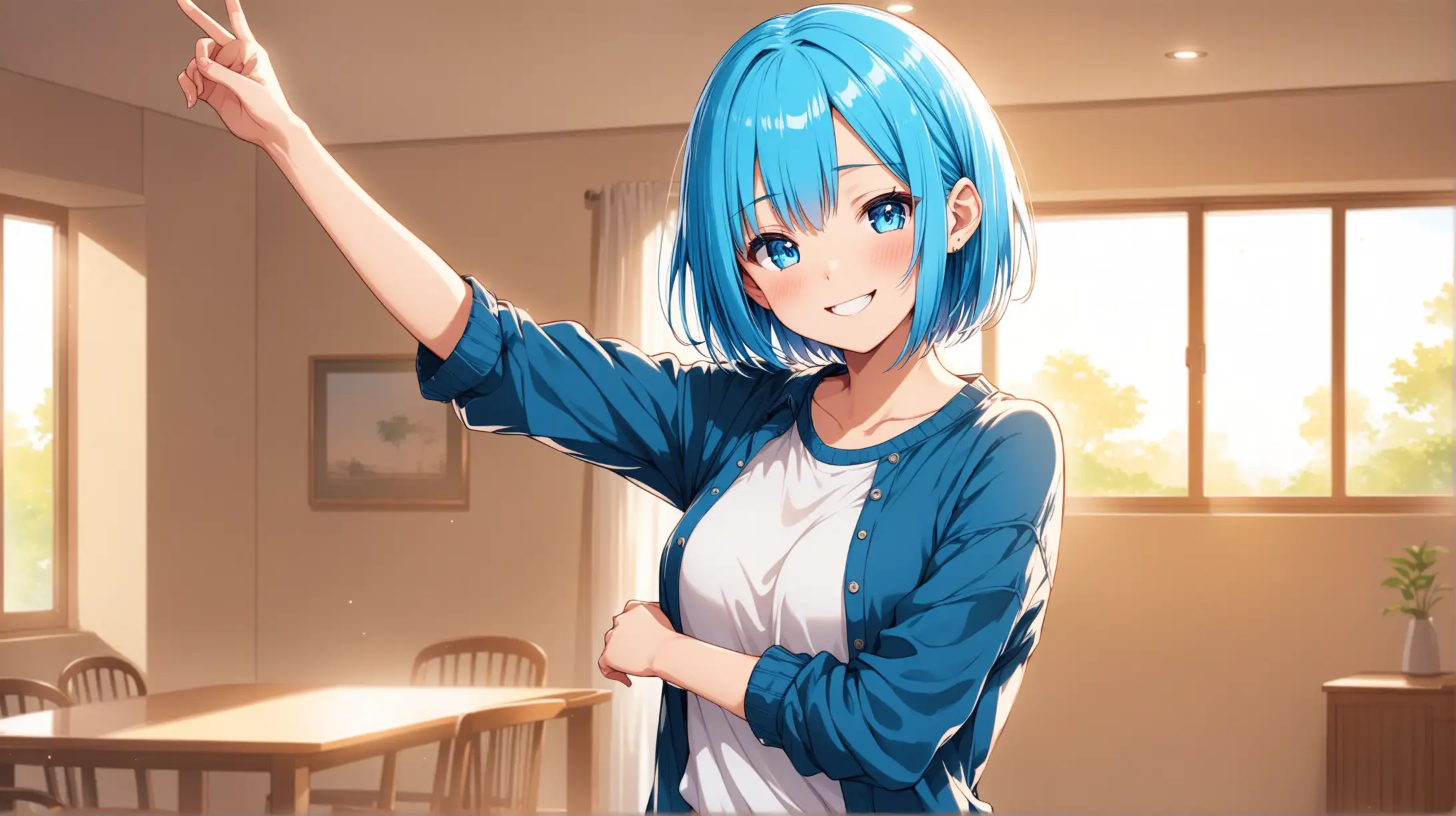Draw the character Rem, high quality, natural lighting, long shot, indoors, standing, fun pose, wearing a casual outfit, smiling at the viewer