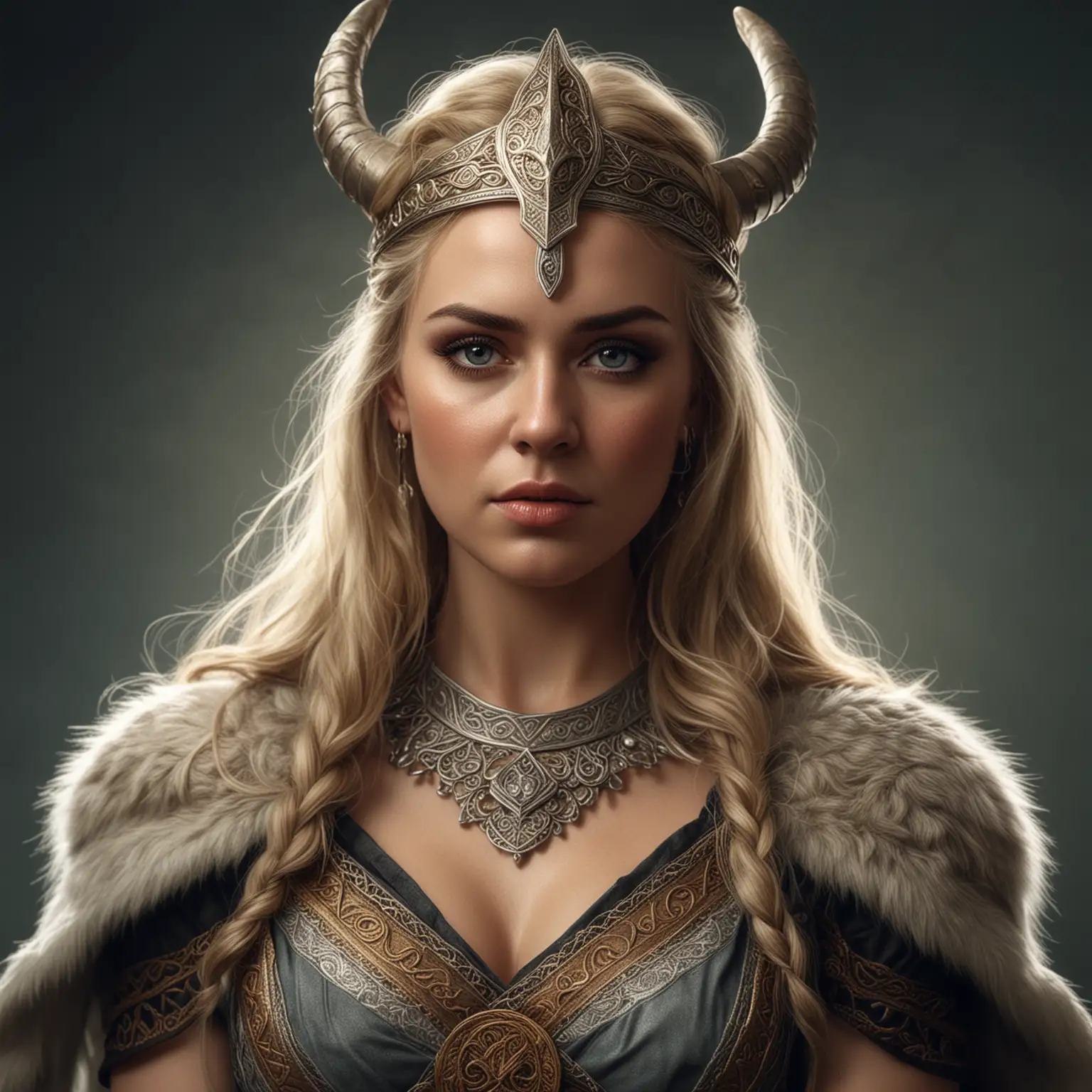 a realistic sexy portrait of frigg a norse mythological woman character. she is wearing a historic dress