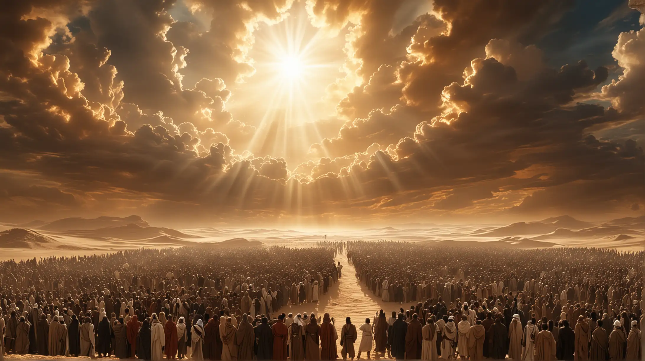 Biblical Era Crowd Gathered around Moses in Desert Setting