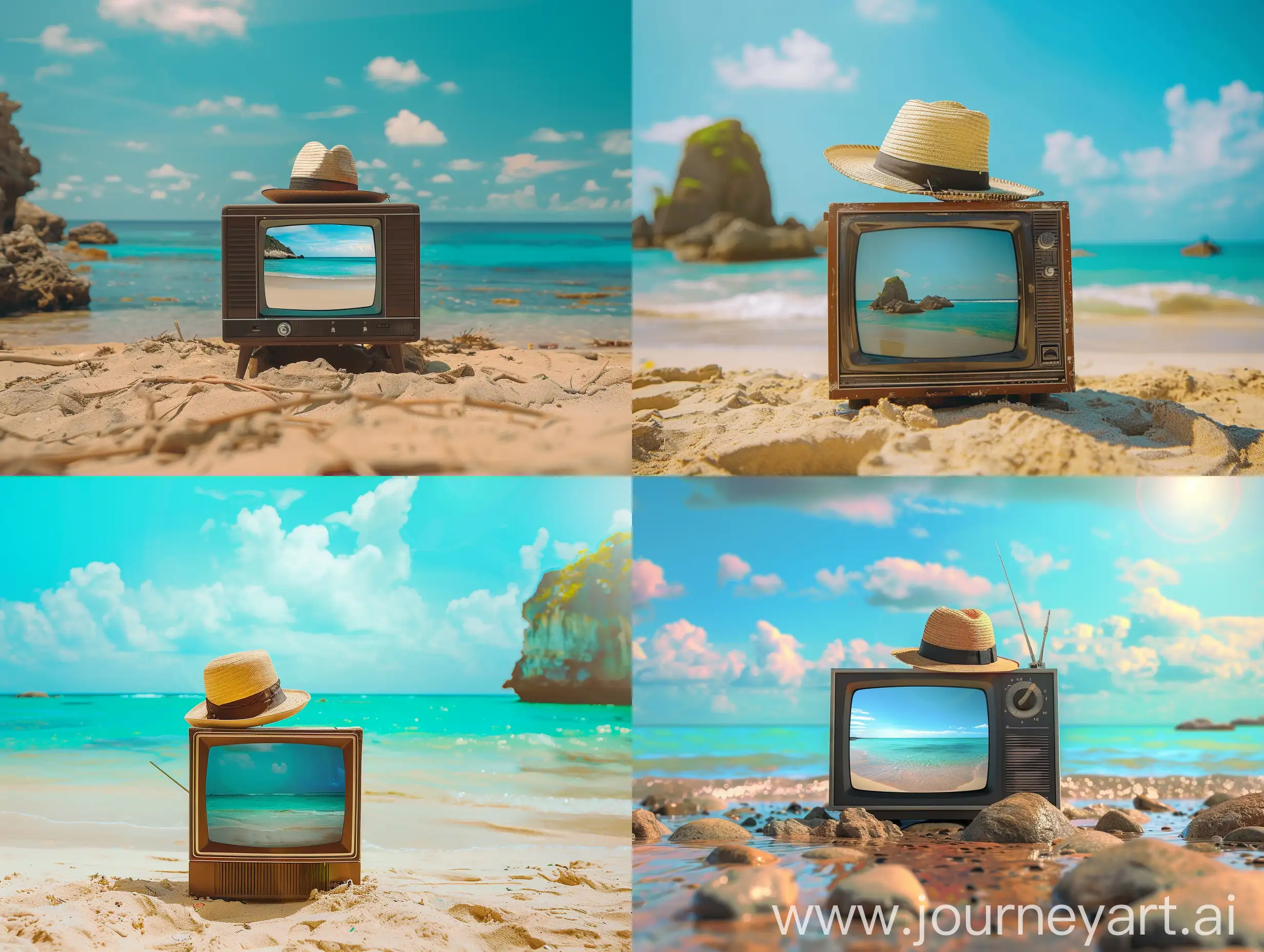 An old TV stands in the center of the picture in the middle of the beach, in the sand itself, with a Panama hat on top. The sea is on the screen. The background also includes the sea, sun, colorful blue sky and rocks