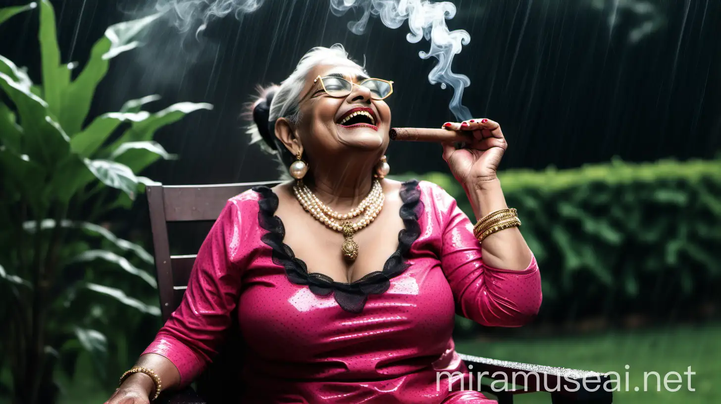 a indian  mature  fat woman having big stomach age 57 years old attractive looks with make up on face ,binding her high volume  bleached hairs, open  gajra bun Hairstyle. wearing metal anklet on feet and high heels, she is smoking a cigar in her hand  , smoke is coming out from cigar  . she is happy and laughing . she is wearing pearl neck lace in her neck , earrings in ears, a gold spectacles with chain holder on her eyes and   wearing  only a  
pink Control Briefs on her body. she is sitting on a  rocking chair,. , in a luxurious garden and enjoying the rain  ,  three black cats are siting near her  and its night time . its raining very heavy . show images from back side.
