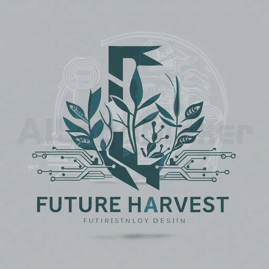 a logo design,with the text "Future Harvest", main symbol:Futurists symbol combined with stylized plants intertwined with circuitry or futuristic technology motifs,Moderate,clear background