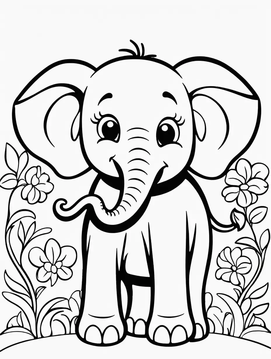 Childrens Coloring Book, black and white, cute elephant, high contrast