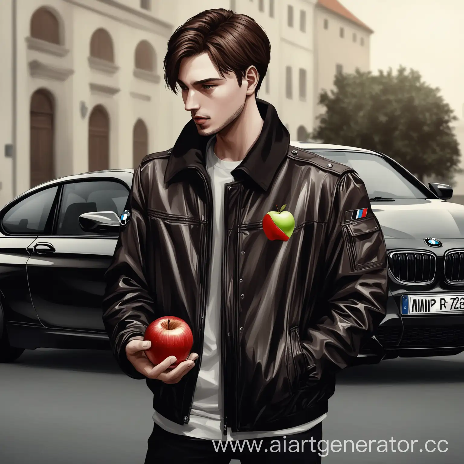 The guy with brown hair is wearing a black BMW jacket and an apple on the jacket