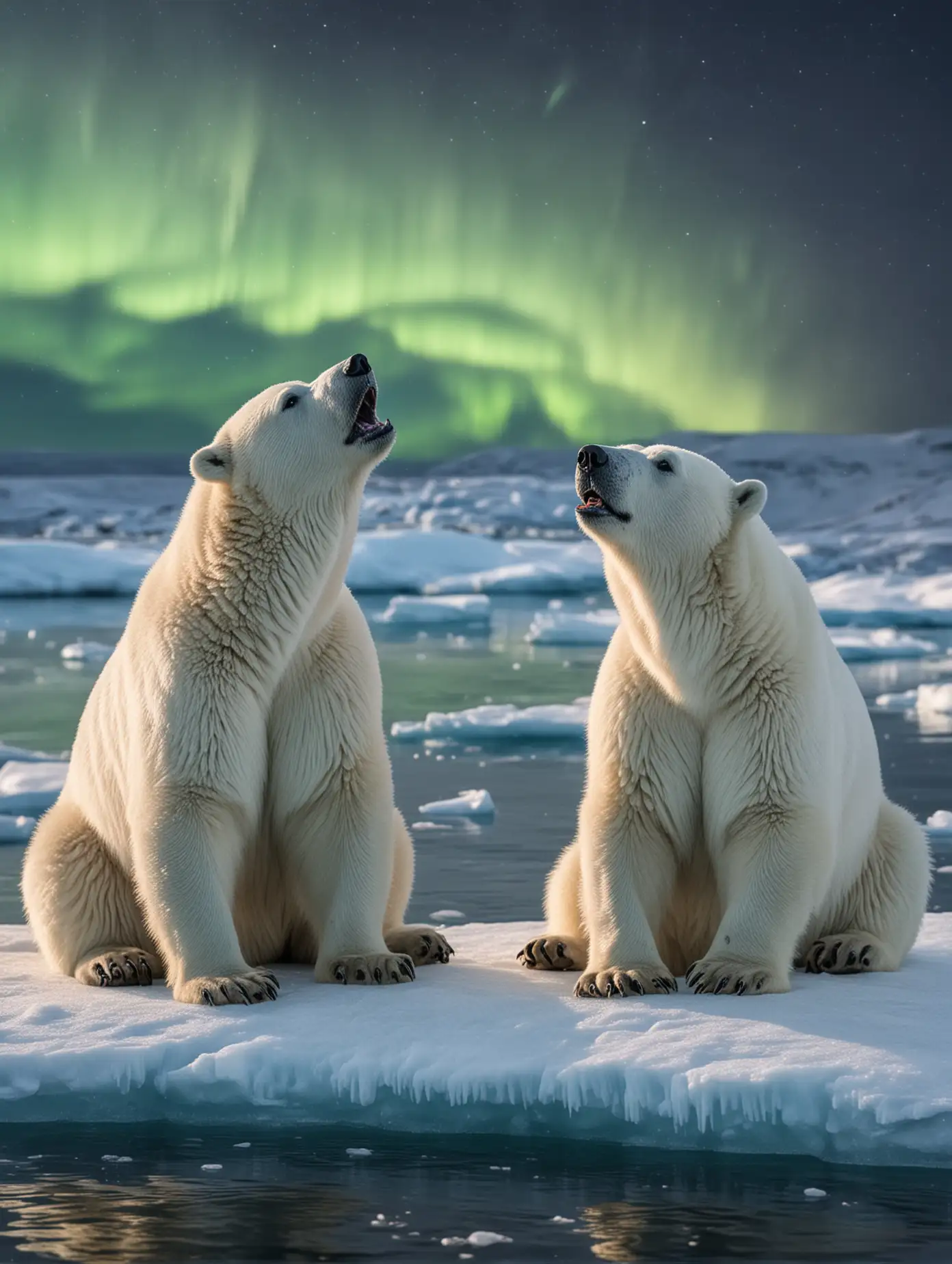 2 ours polaires, assis sur la banquise, ils ont le museau en l'air, ils contemplent une aurore boréale, ils sourient, photographie, réaliste
