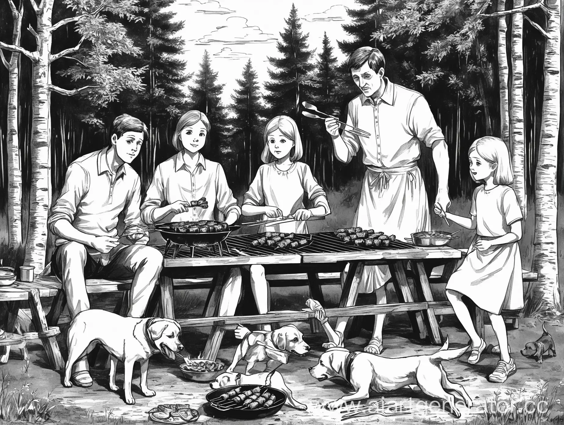 черно белый рисунок  где семья из 5 человек с собакой жарит шашлык на природе. Отец мать старшая сестра младшая сестра брат