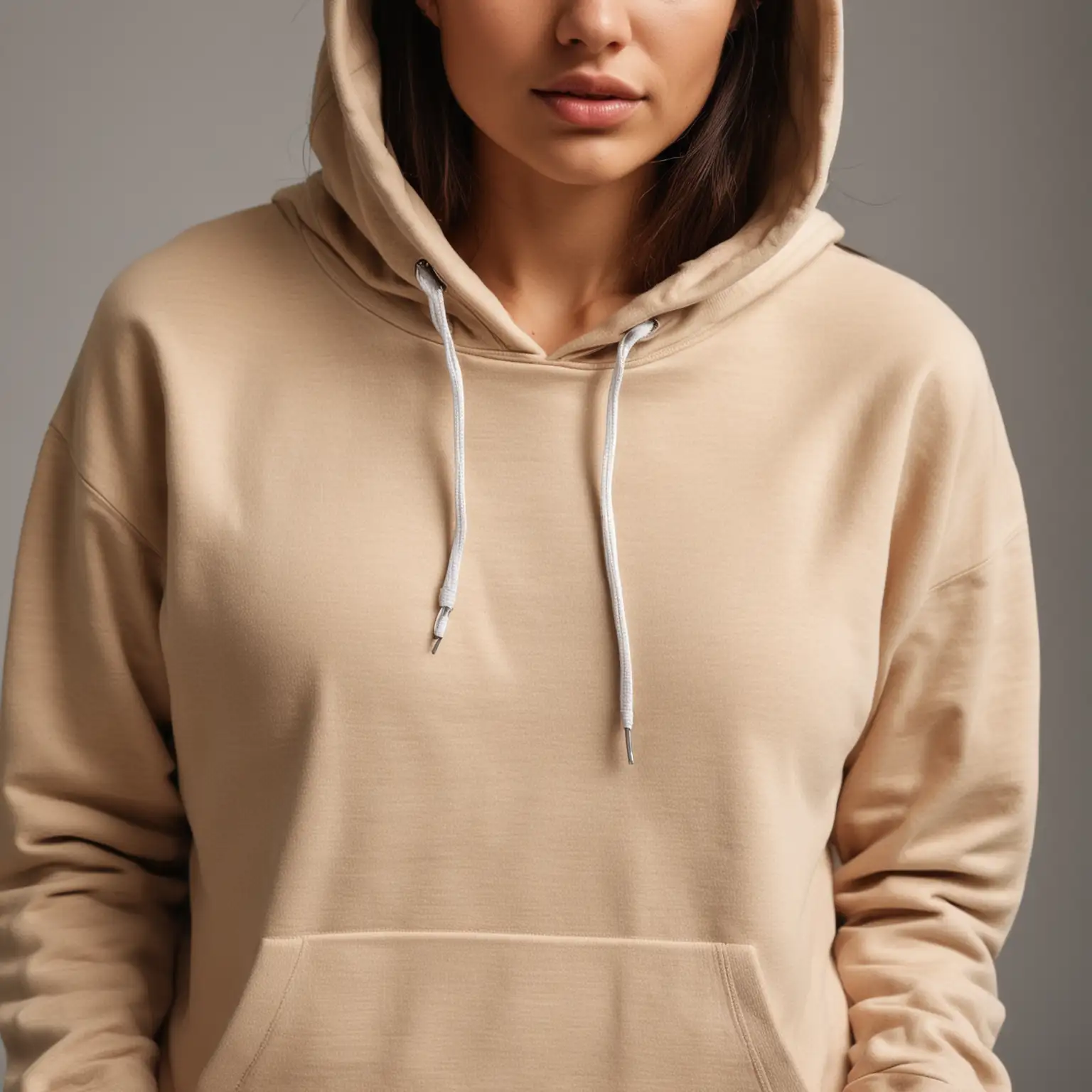Woman in a beige hoodie, close up of torso