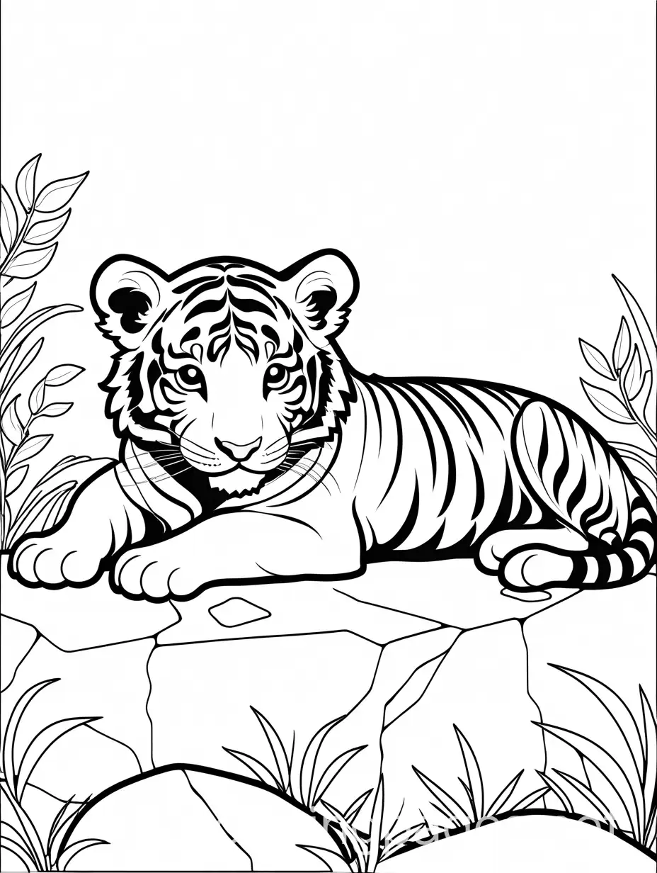 A cute baby tiger laying down on the stone, line drawing, simple line art, coloring page style, white background, Coloring Page, black and white, line art, white background, Simplicity, Ample White Space. The background of the coloring page is plain white to make it easy for young children to color within the lines. The outlines of all the subjects are easy to distinguish, making it simple for kids to color without too much difficulty