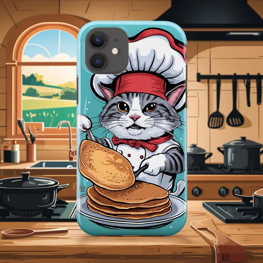 A cartoon cat dressed in a chef's hat flipping a pancake, perfect for phone cases.