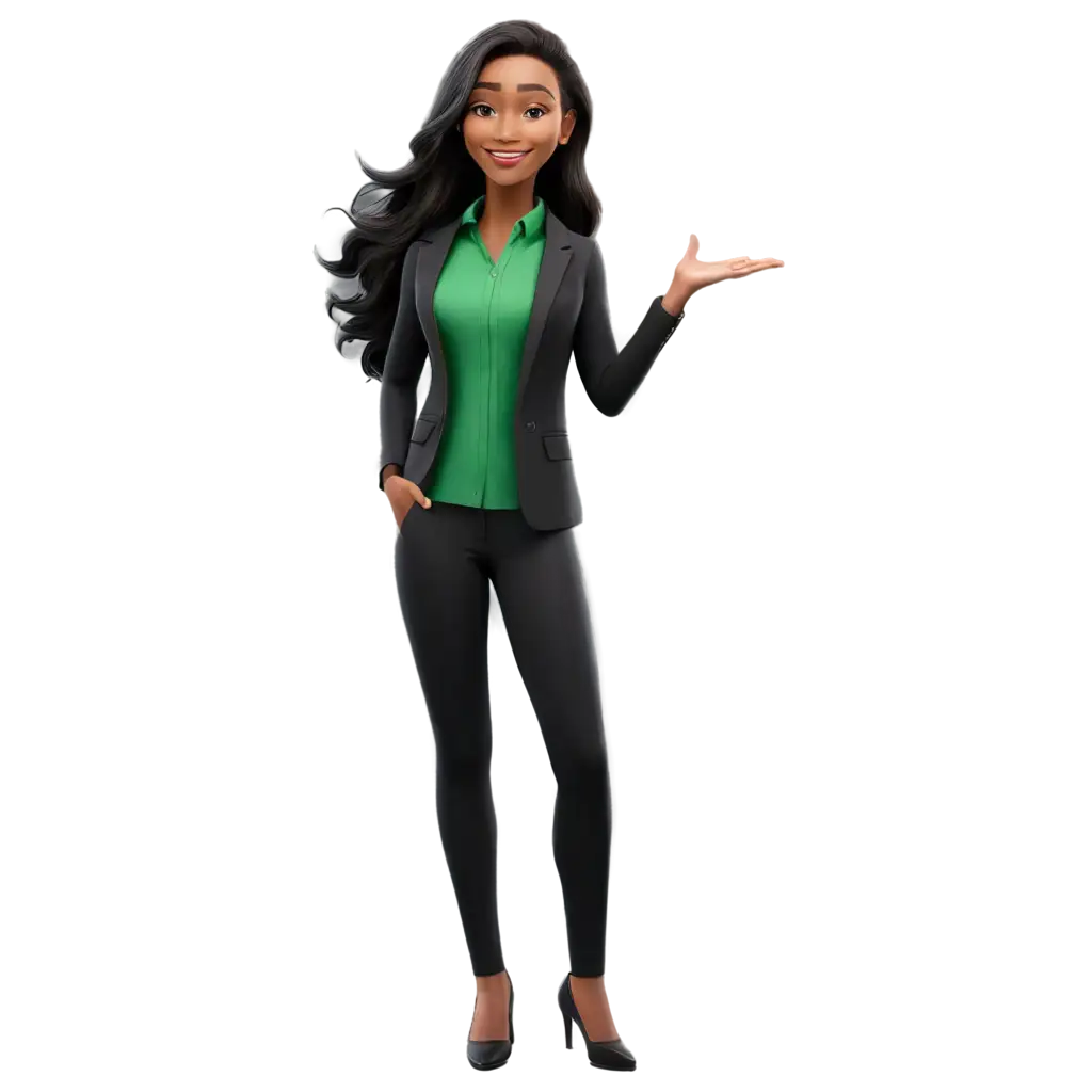 Realistic-Cartoon-PNG-Smiling-BlackHaired-Woman-in-Professional-Attire