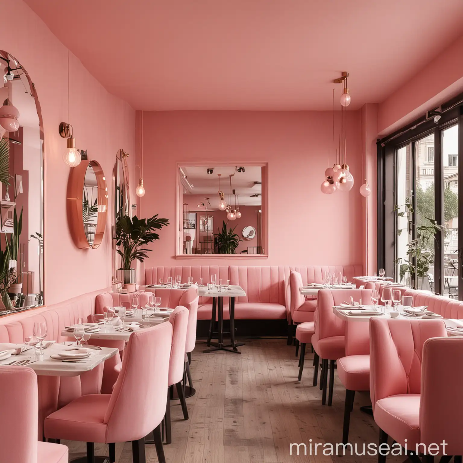 Millennial Pink Interior Restaurant Scene with Soft Lighting and Modern Decor