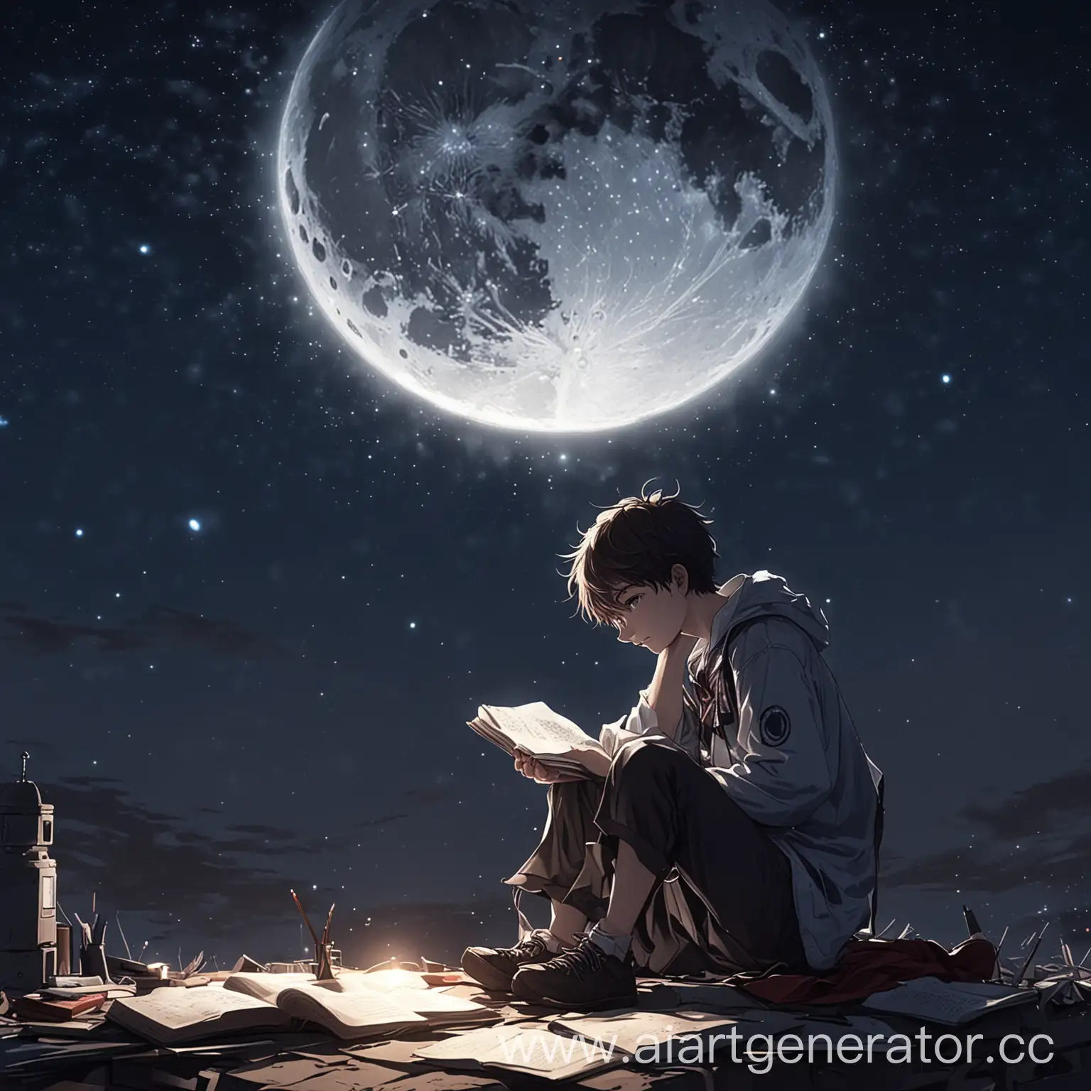 Boy-Studying-Under-Starry-Night-Sky-in-Anime-Scene
