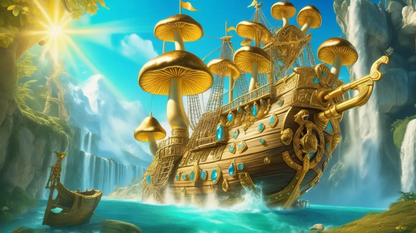 Magical Fairytale bright blue and green waterfall and gold and gemstones and treasure chests  on a old-giant flying-ship with bright sunny sky. Golden mushrooms.