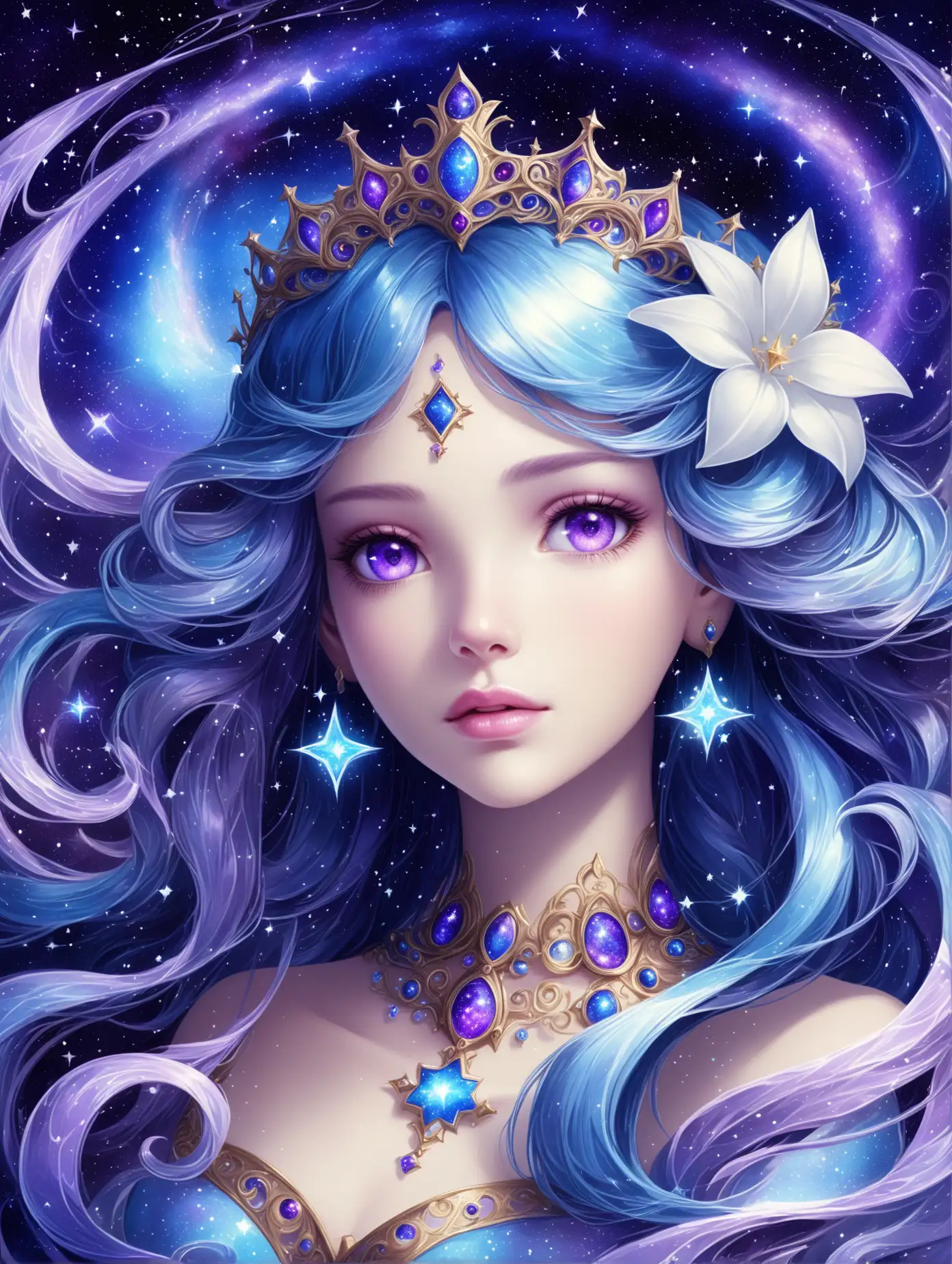 Illustration of a beautiful celestial girl princess, with full lips, purple eyes, long blue hair, jewelry, white flowers, purple and blue galaxy in the background, swirls of magic, portrait 