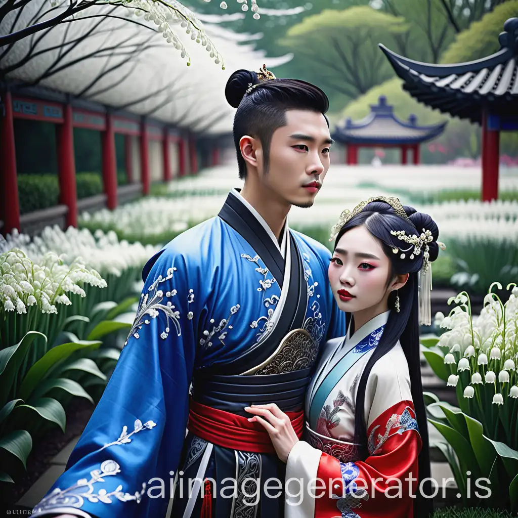 Handsome Chinese man wearing an intricate, hanfu in Chinese folklore/mythology, white and blue, daytime, beautiful 'lily of the valley' flower garden, on half of the page and Beautiful Chinese woman wearing an intricate, hanfu in Chinese folklore/mythology, black and red, nighttime, beautiful 'queen of the night' flower garden, on the other half of the page, digital watercolor painting, bold brush strokes, art nouveau