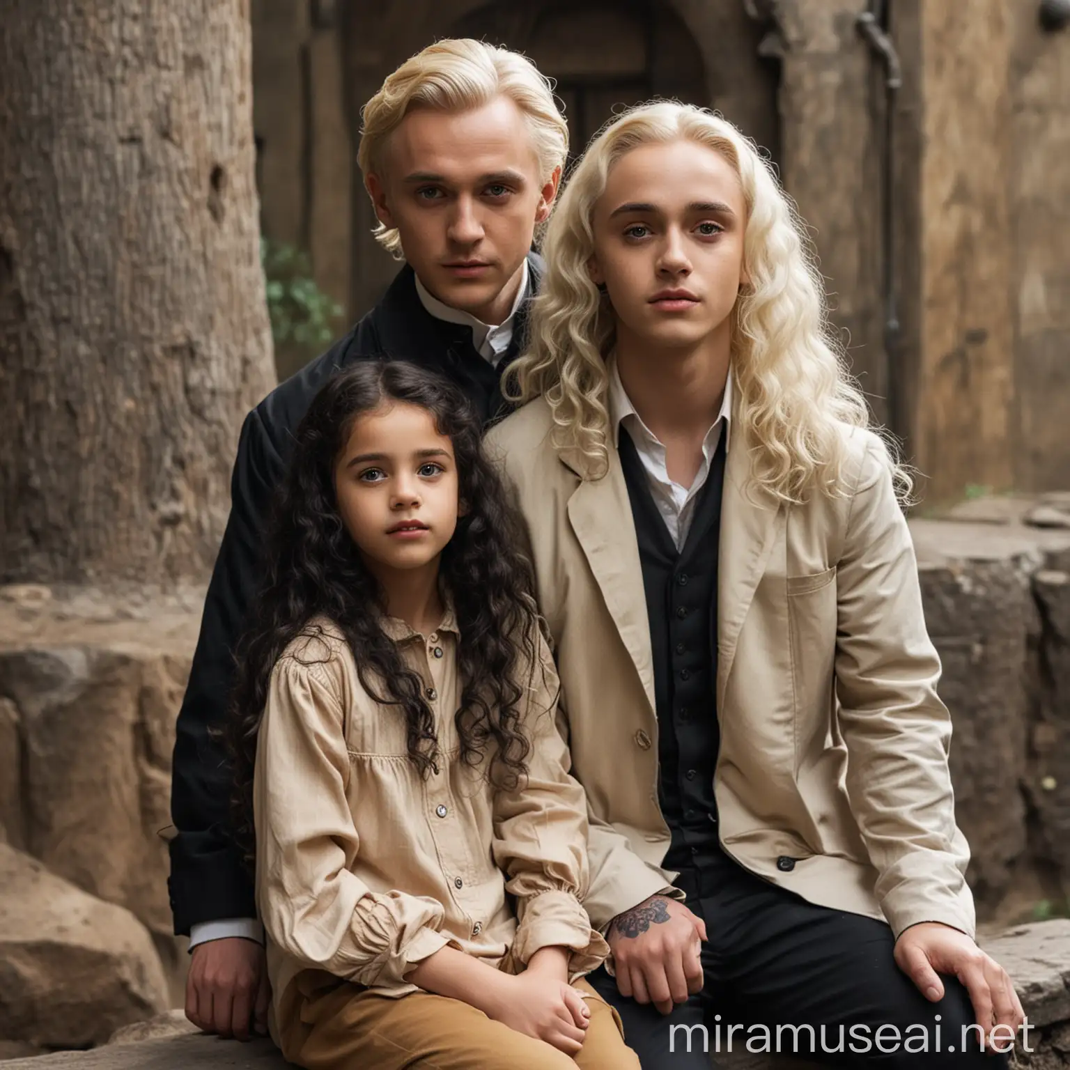 handsome guy Draco Malfoy is walking by the hand  a little beautiful girl with dark long curly hair is sitting on the guy's neck,family, zoo