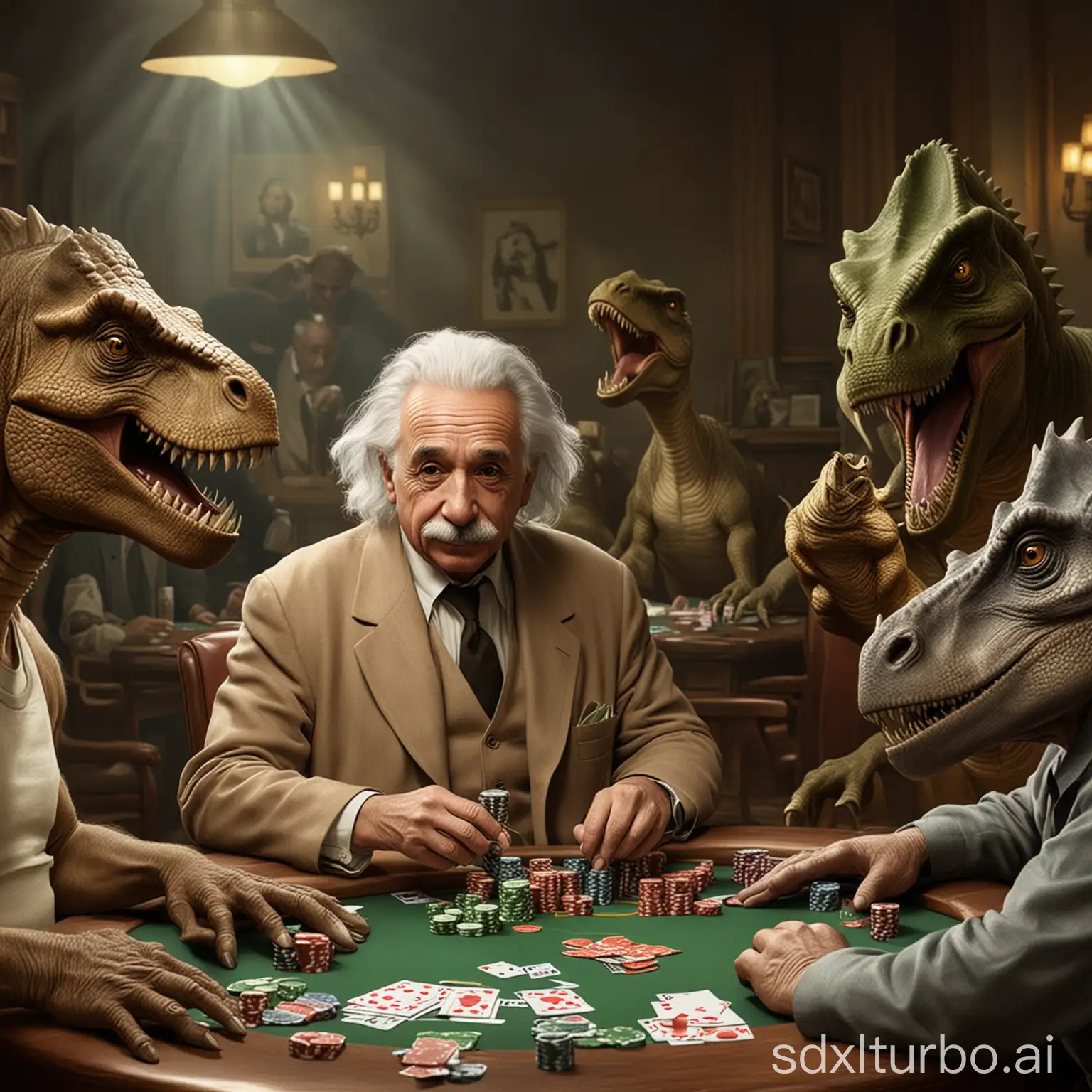 Albert Einstein plays poker with dinosaurs