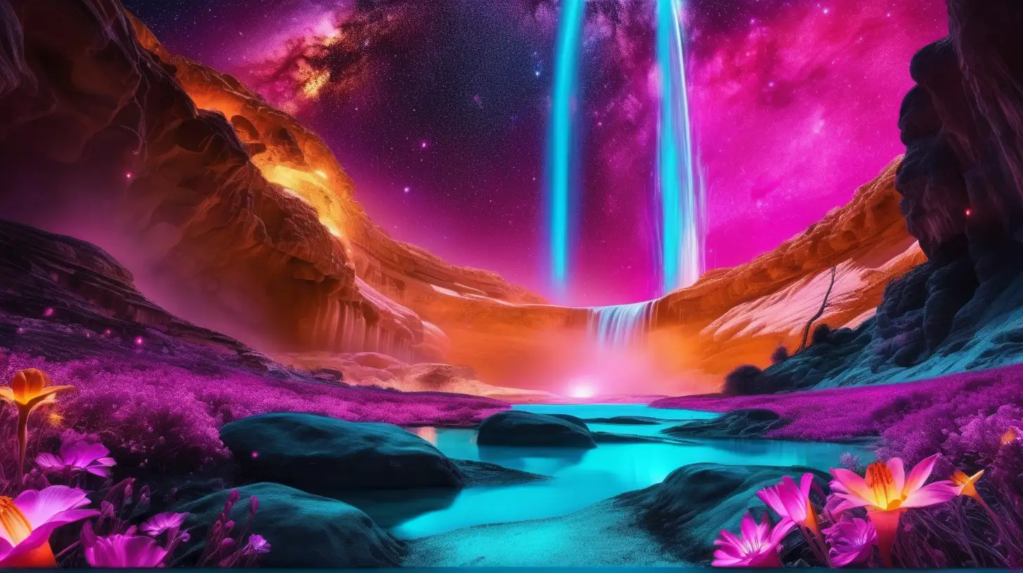 Enchanted Glowing Mushroom Forest with Turquoise Lake and Magenta Fire Planet