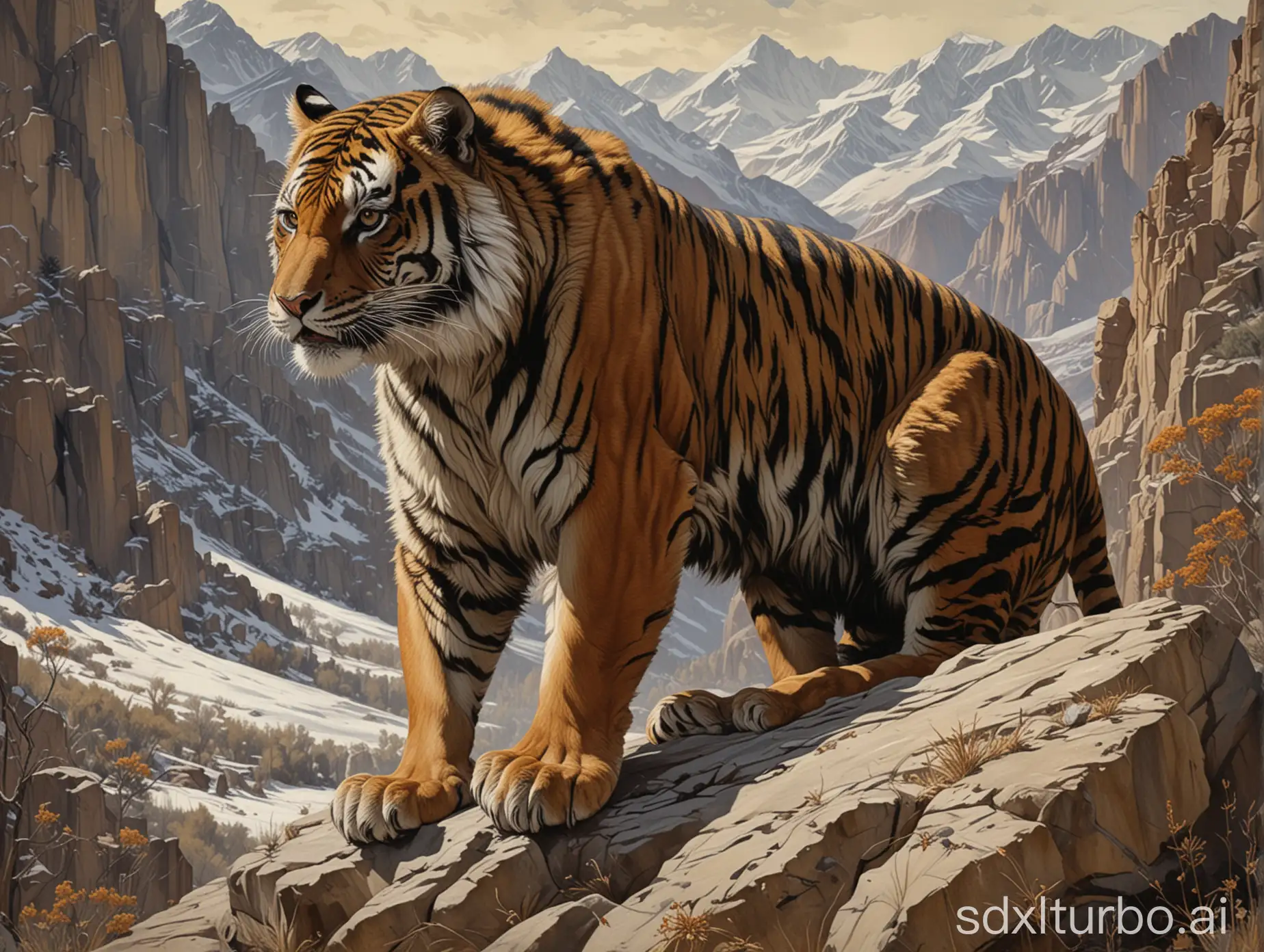 Melanistic-Tiger-Roaming-Rocky-Mountain-Landscape-in-Leyendecker-Painting-Style