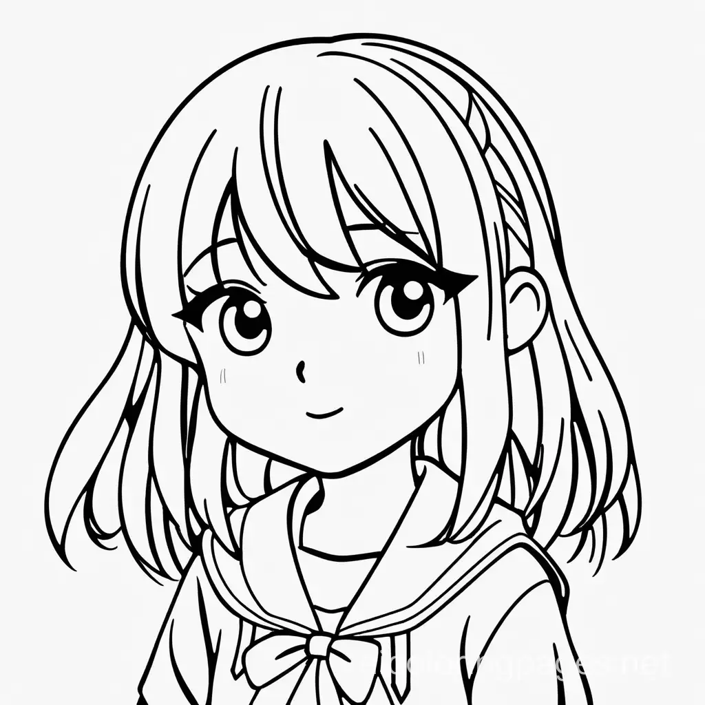 A cute anime girl, Coloring Page, black and white, line art, white background, Simplicity, Ample White Space. The background of the coloring page is plain white to make it easy for young children to color within the lines. The outlines of all the subjects are easy to distinguish, making it simple for kids to color without too much difficulty