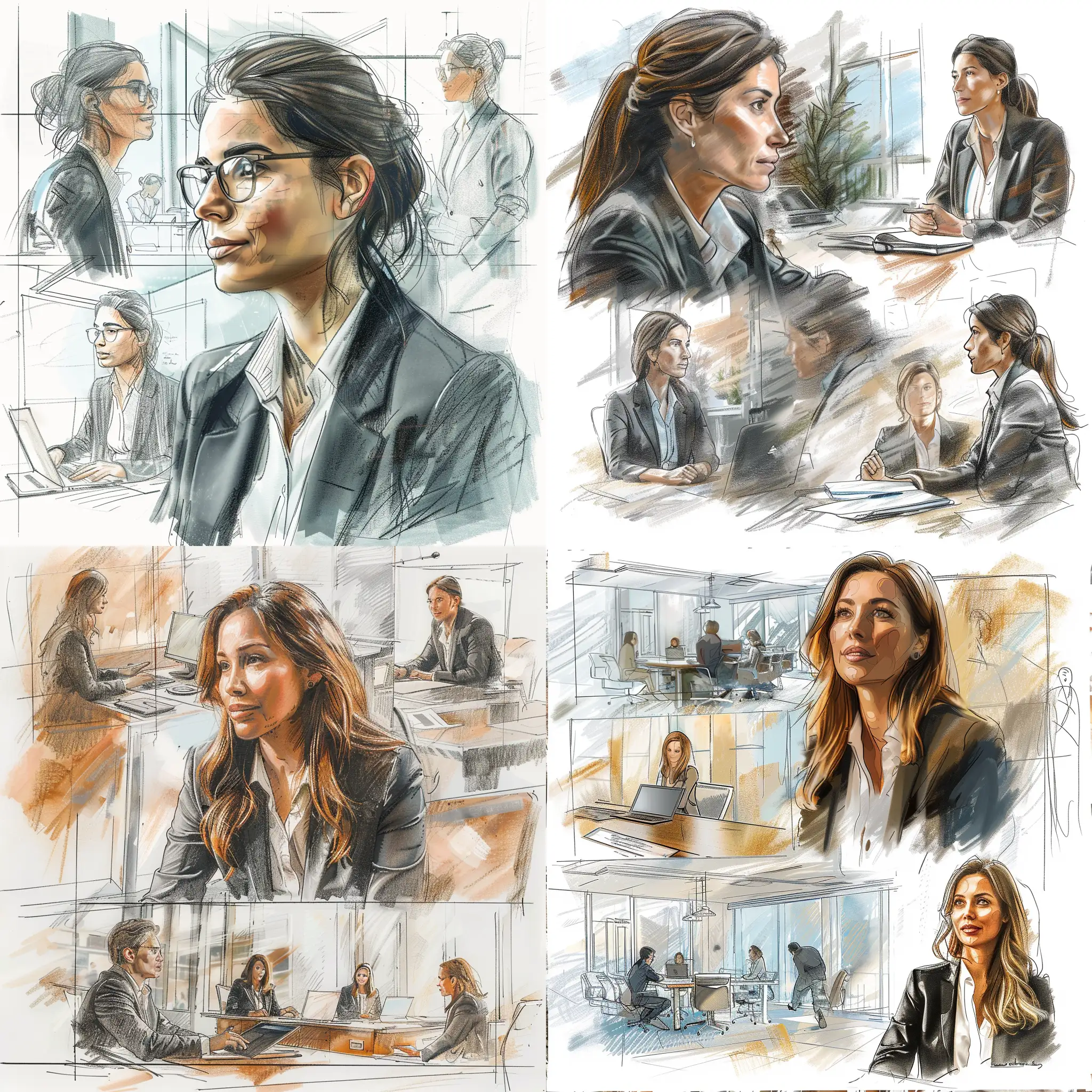 "A very realistic sketch with graphite pencil and muted color accents of an attractive woman in business attire, networking in various environments. Some frames show her in a modern office with natural light from windows, while others depict her in a virtual meeting room with soft indoor lighting. The composition includes close-up shots, mid-range views, and wide-angle perspectives. The woman is engaged in conversations, working on her laptop, and presenting to a group. The atmosphere is professional and dynamic." --s 0 --v 6.0 --style raw