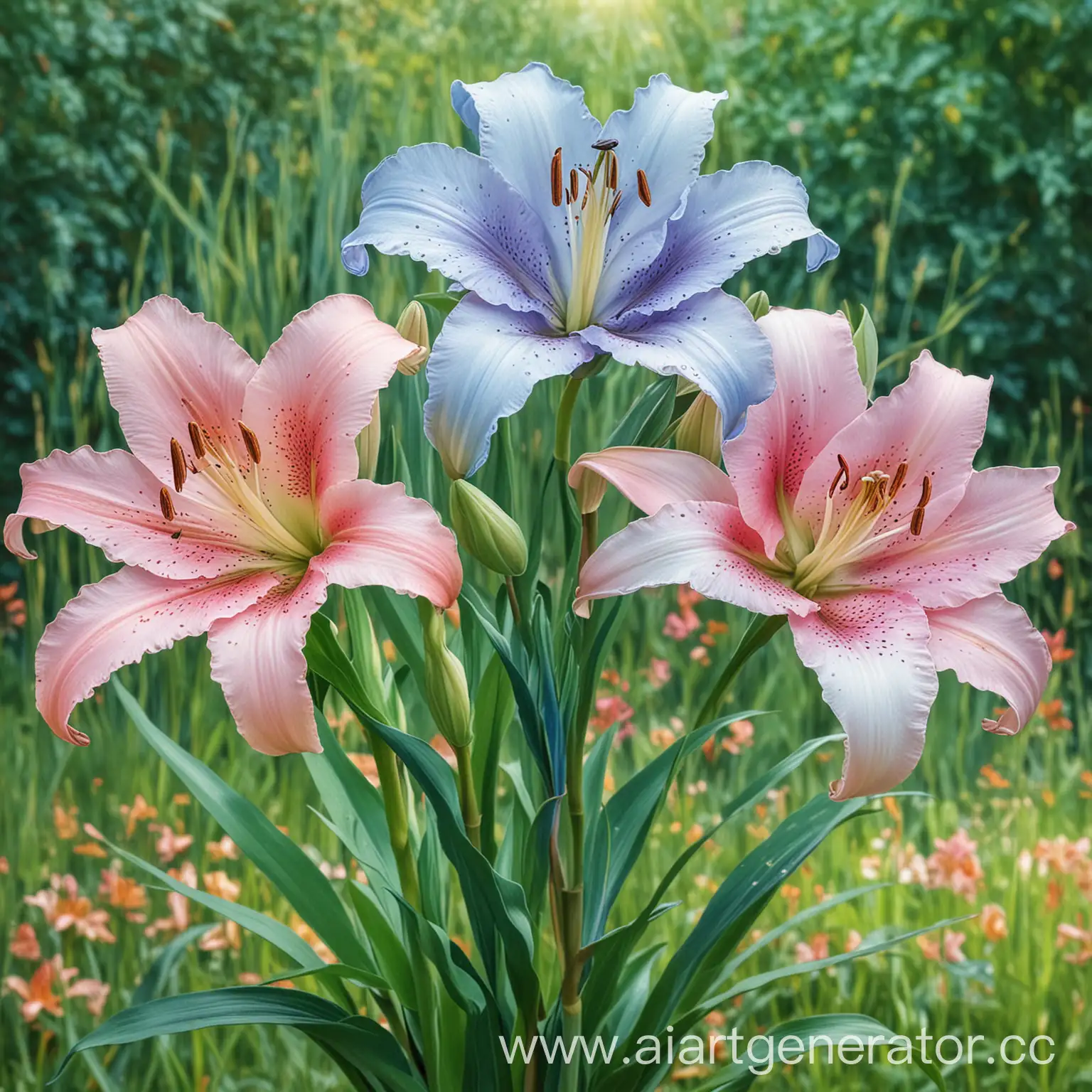 Три цветка лилии разных цветов : голубая, розовая, белая. Всё три цветка на одном стебле на первом плане. На фоне размытая зелёная трава и листики. Картинка в стиле цветного диджитал рисунка карандашной кистью