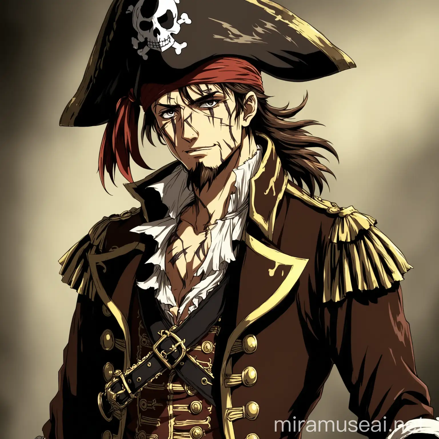 a pirate man, he wears a classic pirate clothes, he has the face full of scars, he use a victorian fun, he has dark eyes and brown hair. in anime