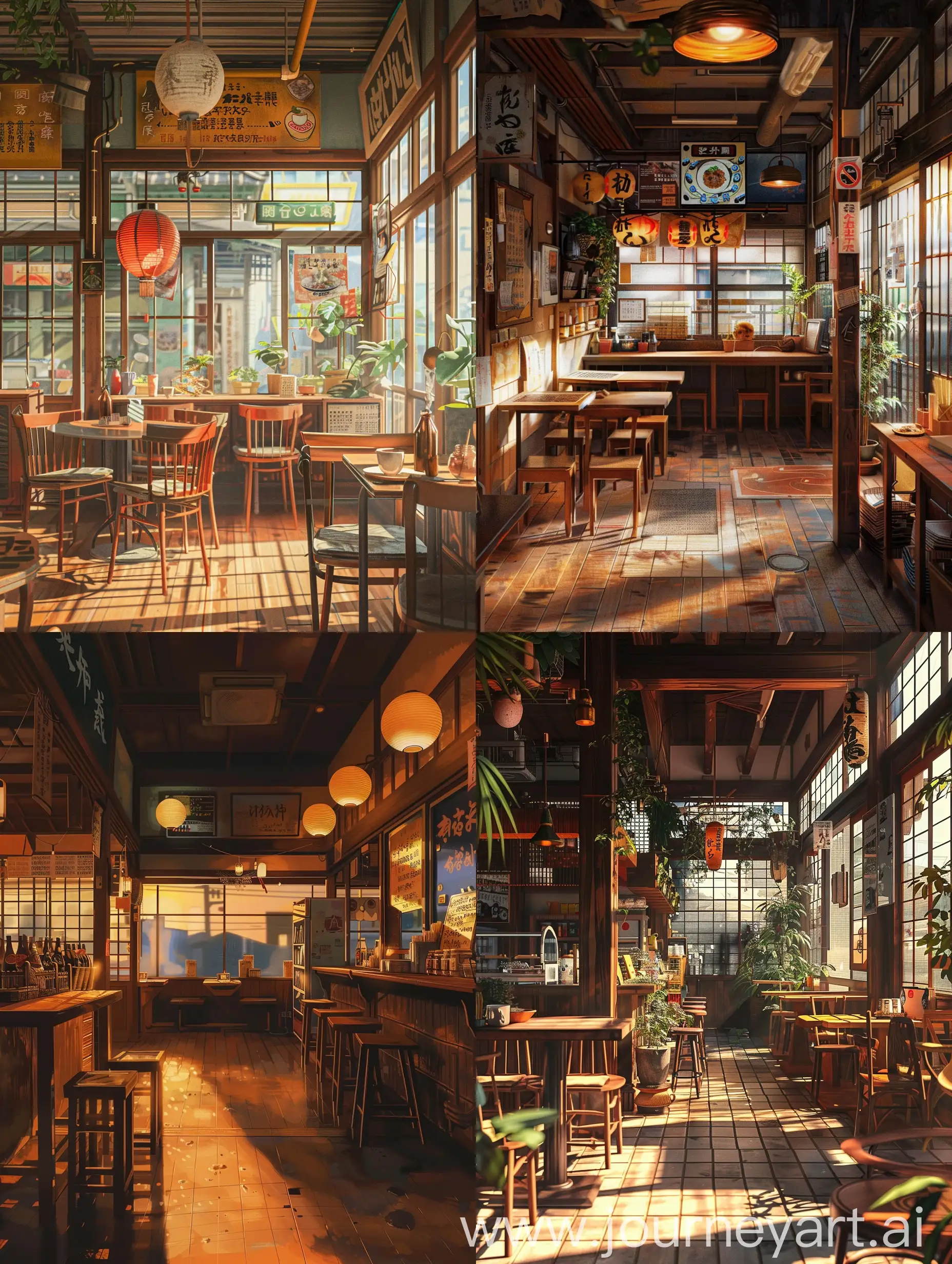Serene-Japanese-LateNight-Cafeteria-Interior-Rustic-Atmosphere-and-Nostalgic-Decorations