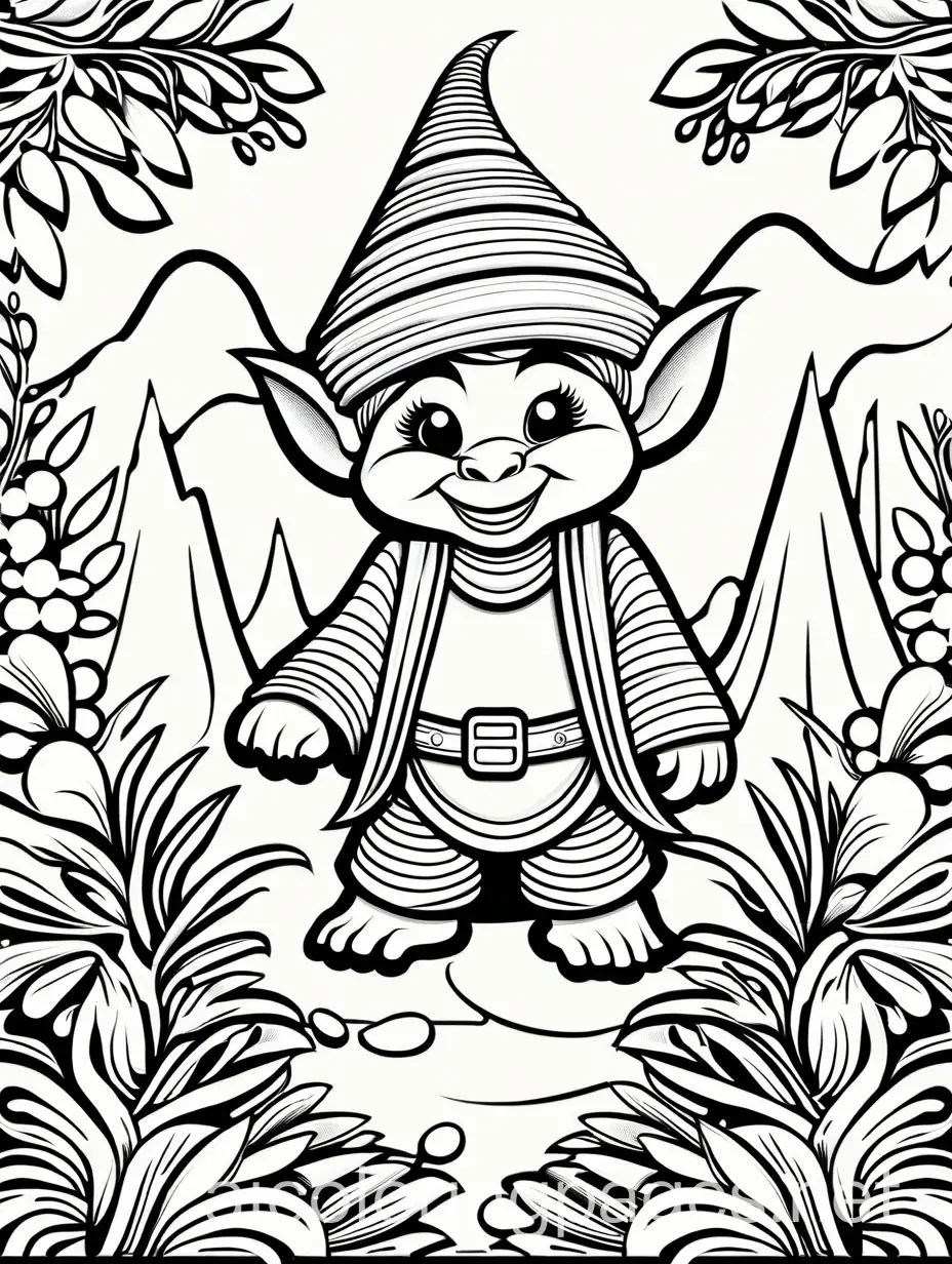 happy troll, colouring page, infant, thick lines, ample white space., Coloring Page, black and white, line art, white background, Simplicity, Ample White Space. The background of the coloring page is plain white to make it easy for young children to color within the lines. The outlines of all the subjects are easy to distinguish, making it simple for kids to color without too much difficulty